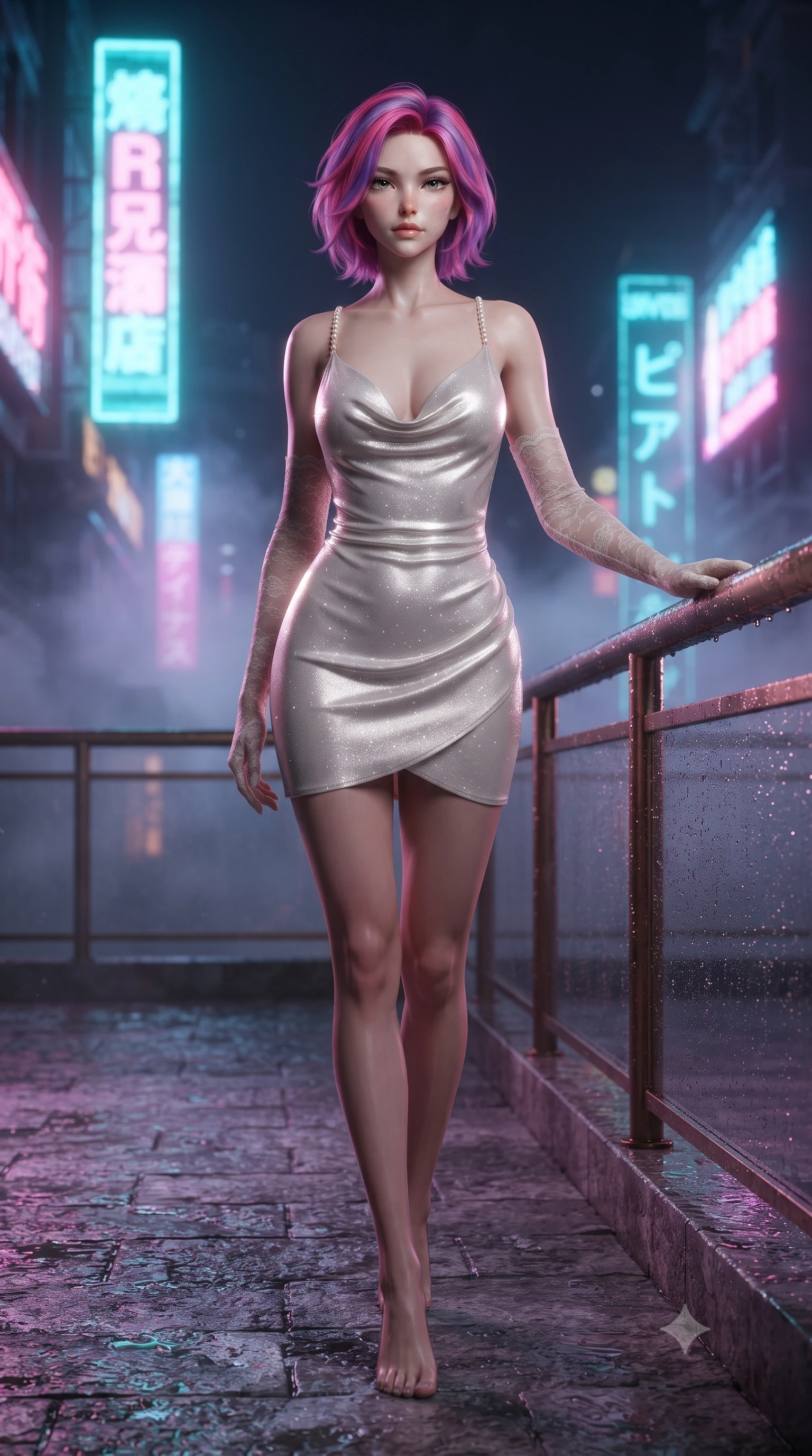 score_9, masterpiece, best quality, ultra-detailed, high-budget anime keyframe, editorial fashion photography, tasteful artistic composition, Caucasian woman. low angle full-body shot from head to toe showing her feet, filling the entire 9:16 vertical frame with her statuesque presence, stretching her vertical silhouette. stepping slowly toward the camera with hypnotic grace, hips swaying in an alluring sensual rhythm that accentuates her curvy hourglass silhouette and long slender legs while leaning against the wet bronze guardrail with hips cocked back, looking through swirling night fog at towering holographic neon signs. The surrounding environment is rendered in vivid detail and crisp panoramic clarity: sharp wet stone terrace textures, bronze guardrail rivets, and holographic billboard pixel structure in deep focus. She has an absolutely perfect, statuesque 8.5-heads proportion, an exceptionally tall and slender model-like female figure with impossibly long slender legs, an ultra-slim waist, a flat toned midriff, narrow delicate ribcage, and beautifully sculpted feminine hips creating a graceful, slim hourglass silhouette without any bulky heaviness. sharp v-shaped jawline, high-bridge nose, sparkling eyes with hypnotic seductive depth, thick curled eyelashes, glossy parted lips with a natural dewy peach sheen, alluring bedroom-eyes with an enchanting coquettish smile, exuding magnetic siren charisma and sophisticated glamour, flawlessly proportioned anatomical accuracy, strict slender model proportions, natural body alignment, perfectly sculpted long slender limbs, ultra-slim waistline, clean dynamic posture without body distortion. wearing a low-cut draped cowl-back satin slip mini dress with dainty pearl spaghetti straps in pure pearl alabaster with platinum sheen, woven from stretch metallic lurex jersey casting radiant starlight glints across her silhouette, complemented by sheer opera-length lace evening gloves tracing her slender arms, the high-slit wrap tailoring accentuating her ultra-slim waistline and the enchanting curve of her feminine hips with alluring seductive charm. illuminated by wet terrace specular reflections and sharp emerald-magenta rim lights sculpting her razor-sharp jawline, narrow waist, and curvy hips. ultra-reflective glossy finish, specular highlights, rich textural contrasts, high-contrast stereoscopic depth, volumetric dynamic lighting, 2k, ultra detail, master piece, 9:16 ratio