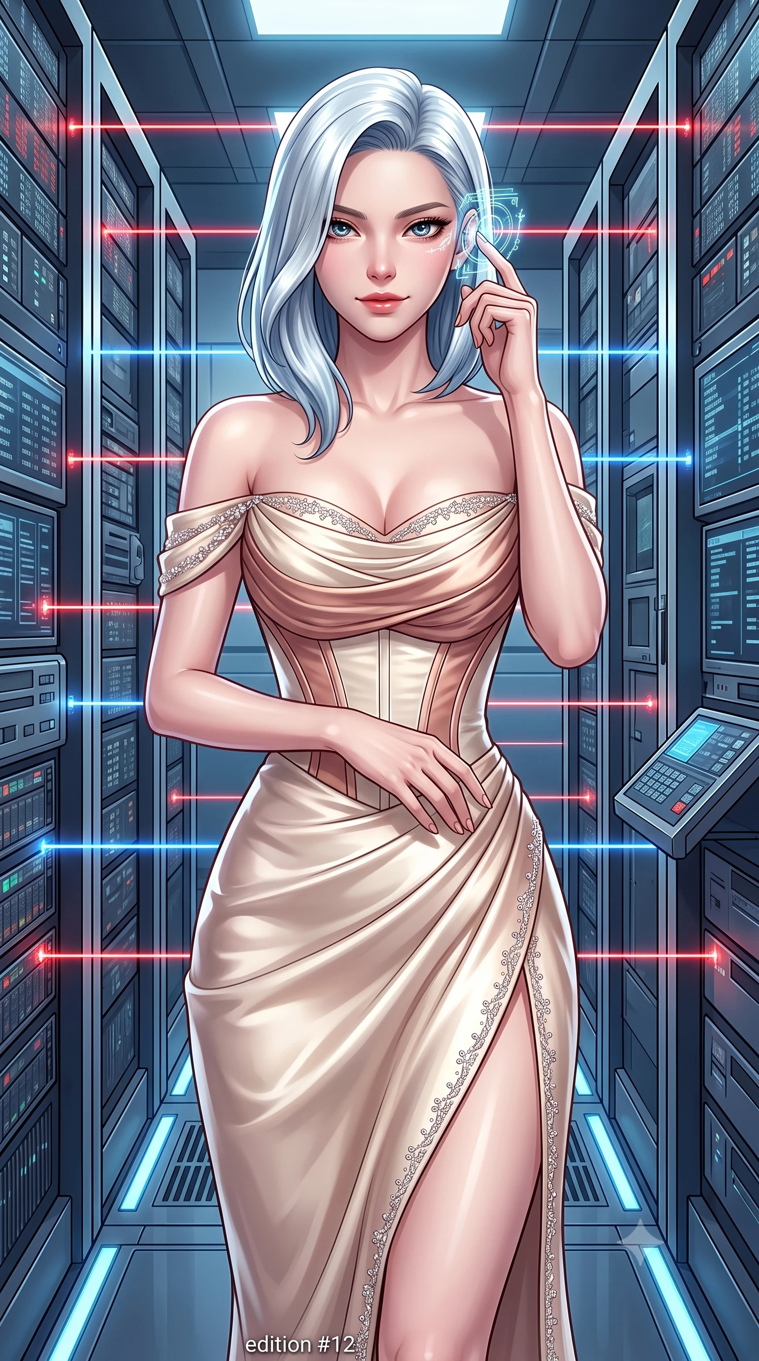 score_9, masterpiece, best quality, ultra-detailed, high-budget anime keyframe, semi-realistic 3D game render, editorial fashion photography, tasteful artistic composition, Korean woman. close-up cowboy shot from the waist and thighs up, the character dominates the composition, filling the frame with her large presence. holding her hands loosely in front with regal, aristocratic poise, radiating an overwhelming high-society aura while standing poised between narrow laser beam corridors, tapping her holographic earpiece with a cool, triumphant smirk. The surrounding environment is rendered in vivid detail and crisp panoramic clarity. deep high-contrast espionage chiaroscuro and ultra-modern data fortress architecture in precision. She has an exceptionally elegant, slender, and willowy female figure with an ultra-slim waist, a gracefully sculpted slender torso, toned flat midriff, and a refined slim silhouette. sharp v-shaped jawline, high-bridge nose, intricate jewel-like eyes with depth, thick eyelashes, glossy lips with a natural sheen, captivating and magnetic expression, flawlessly proportioned anatomical accuracy, strict slender model proportions, natural body alignment, perfectly sculpted long slender limbs, ultra-slim waistline, clean dynamic posture without body distortion. wearing a statuesque off-shoulder champagne satin gala dress featuring a thigh-high side slit and draped corset bodice in champagne ivory and rose gold, tailored from ultra-smooth duchess satin with a pearlescent sheen, finished with delicate crystal embroidery along the neckline and hem edition #12, the breezy yet form-flattering drape swaying gracefully with her steps, accentuating her long willowy limbs and slim waistline. illuminated by crisp directional rim lighting sharply carving her ultra-slim waist and sculpted silhouette. highly saturated vibrant anime colors, detailed shading with soft gradients, rich glossy textures, high-contrast stereoscopic depth, volumetric dynamic lighting, master piece, 9:16 ratio