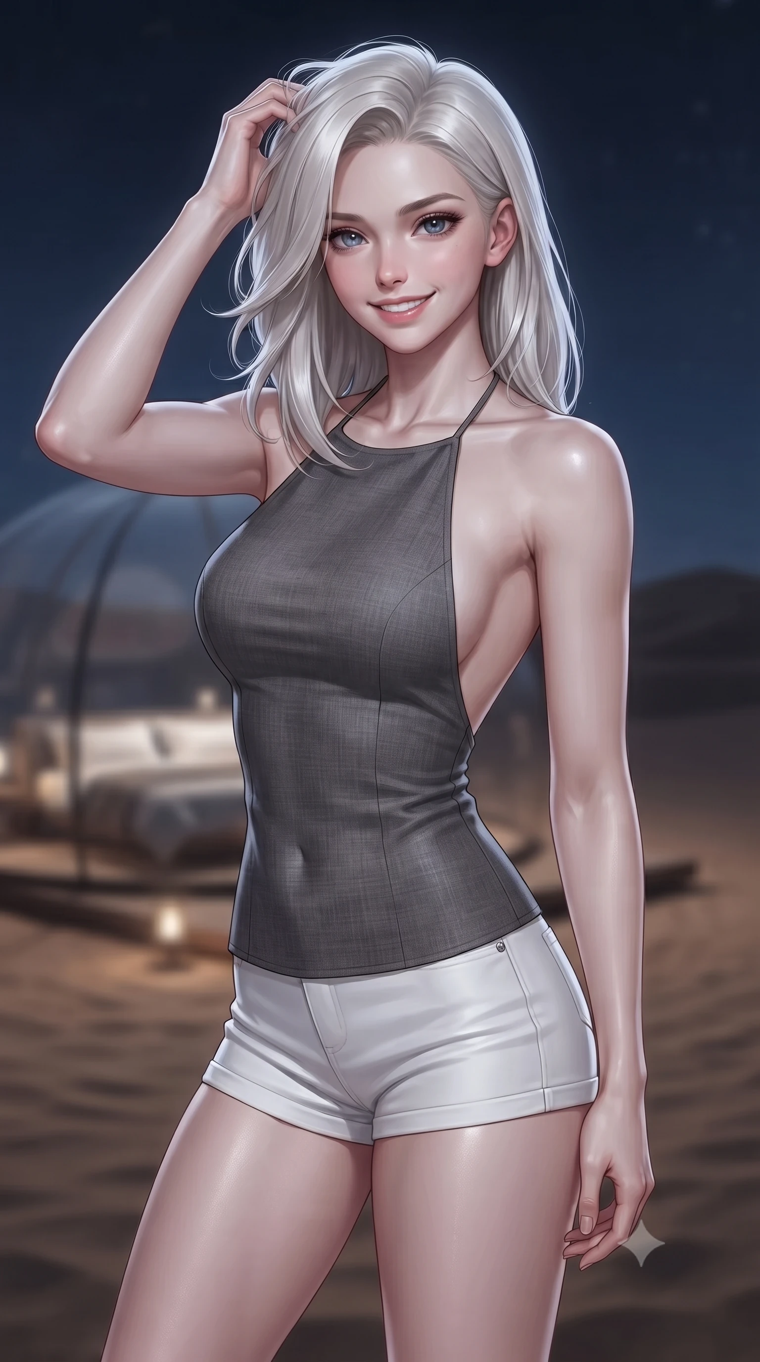 score_9, masterpiece, best quality, ultra-detailed, high-budget anime keyframe, editorial fashion photography, tasteful artistic composition, Caucasian woman. close-up cowboy shot from the waist and thighs up, the character dominates the composition, filling the frame with her large presence, background elements kept in soft focus. smiling with quiet, magnetic self-assurance directly into the camera, running a hand through her hair the background shows a soft-focus a private glass dome bedroom built in the middle of a vast sand desert at night. She has an exceptionally elegant, slender, and willowy female figure with an ultra-slim waist, a gracefully sculpted slender torso, and a refined silhouette. sharp v-shaped jawline, high-bridge nose, intricate jewel-like eyes with depth, thick eyelashes, glossy lips with a natural sheen. wearing a body-hugging stylish linen halter top with an open-back design, paired with white micro-shorts. soft silver moonlight wrapping her silhouette in a cool cosmic glow. ultra-reflective glossy finish, specular highlights, metallic sheen, high-contrast stereoscopic depth, volumetric dynamic lighting, 2k, ultra detail, master piece, 9:16 ratio