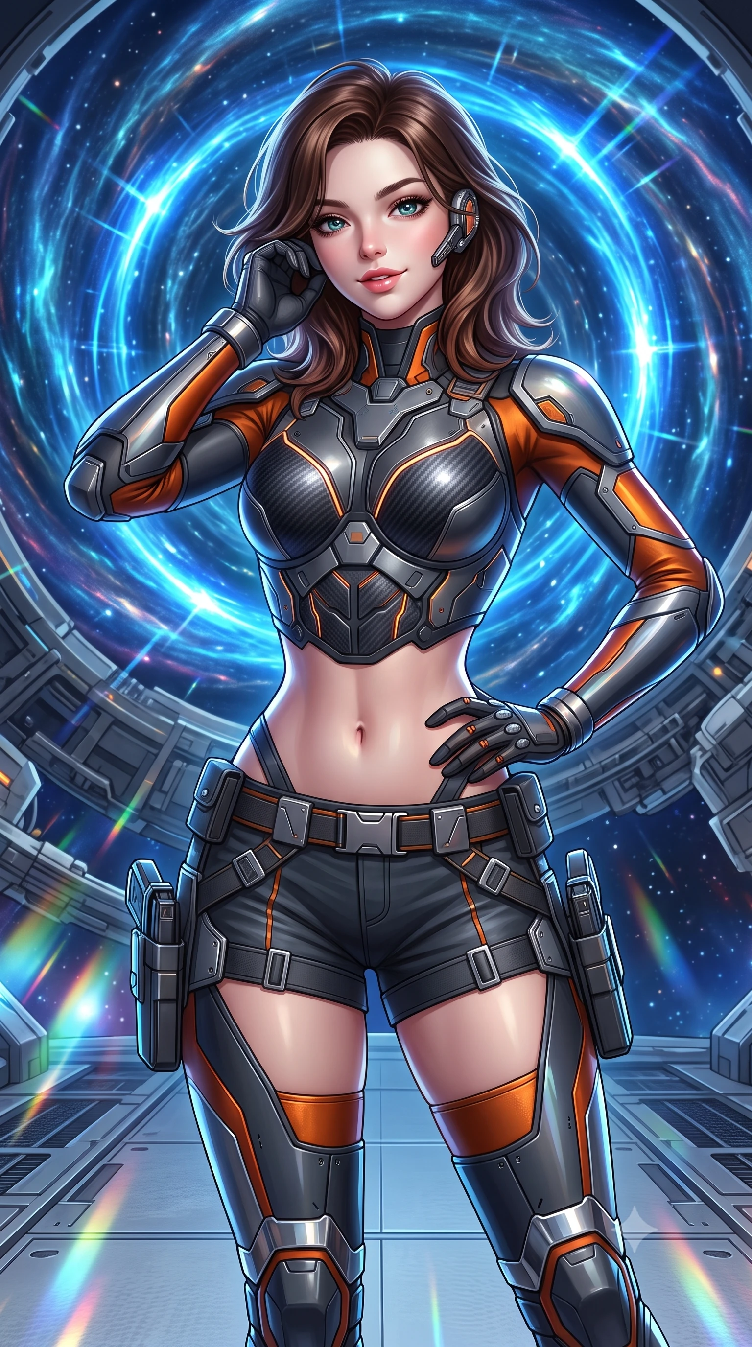score_9, masterpiece, best quality, ultra-detailed, high-budget anime keyframe, semi-realistic 3D game render, editorial fashion photography, tasteful artistic composition, Korean woman. close-up cowboy shot from the waist and thighs up, the character dominates the composition, filling the frame with her large presence. tilting her head with a captivating smile while arching her spine with dancer poise, one hand adjusting her ear comm-link in a flirtatious S-curve while standing poised on the open launch platform facing the swirling cosmic hyperspace vortex, arching her spine with sovereign supermodel poise. The surrounding environment is rendered in vivid detail and crisp panoramic clarity: detailed combat suit sheen, cosmic chromatic reflections on armor, and monumental space station engineering in high clarity. She has an exceptionally elegant, slender, and willowy female figure with an ultra-slim waist, flat toned midriff, narrow ribcage, and sculpted feminine hips creating an alluring, slim hourglass silhouette without bulk. sharp v-shaped jawline, high-bridge nose, intricate jewel-like sparkling eyes with depth, thick eyelashes, glossy parted lips with a natural sheen, bright confident smile with an enchanting and coquettish sensual glint, exuding both youthful magnetic charm and sovereign high-tech allure, flawlessly proportioned anatomical accuracy, strict slender model proportions, natural body alignment, perfectly sculpted long slender limbs, ultra-slim waistline, clean dynamic posture without body distortion. wearing a sculpted carbon-fiber bustier armor top paired with ultra-tight tactical cargo shorts and thigh-high armored boots in stealth charcoal slate and molten laser orange, made of supple second-skin compression stretch jersey clinging flawlessly to her form, finished with polished chrome buckle hardware and modular magnetic holster clasps, the aerodynamic second-skin silhouette tightly following the natural contour of her hips and long slender legs with youthful 8.5-heads elegance. bathed in radiant chromatic prism light and intense electric blue warp ring flashes. highly saturated vibrant anime colors, detailed shading with soft gradients, rich glossy textures, high-contrast stereoscopic depth, volumetric dynamic lighting, master piece, 9:16 ratio