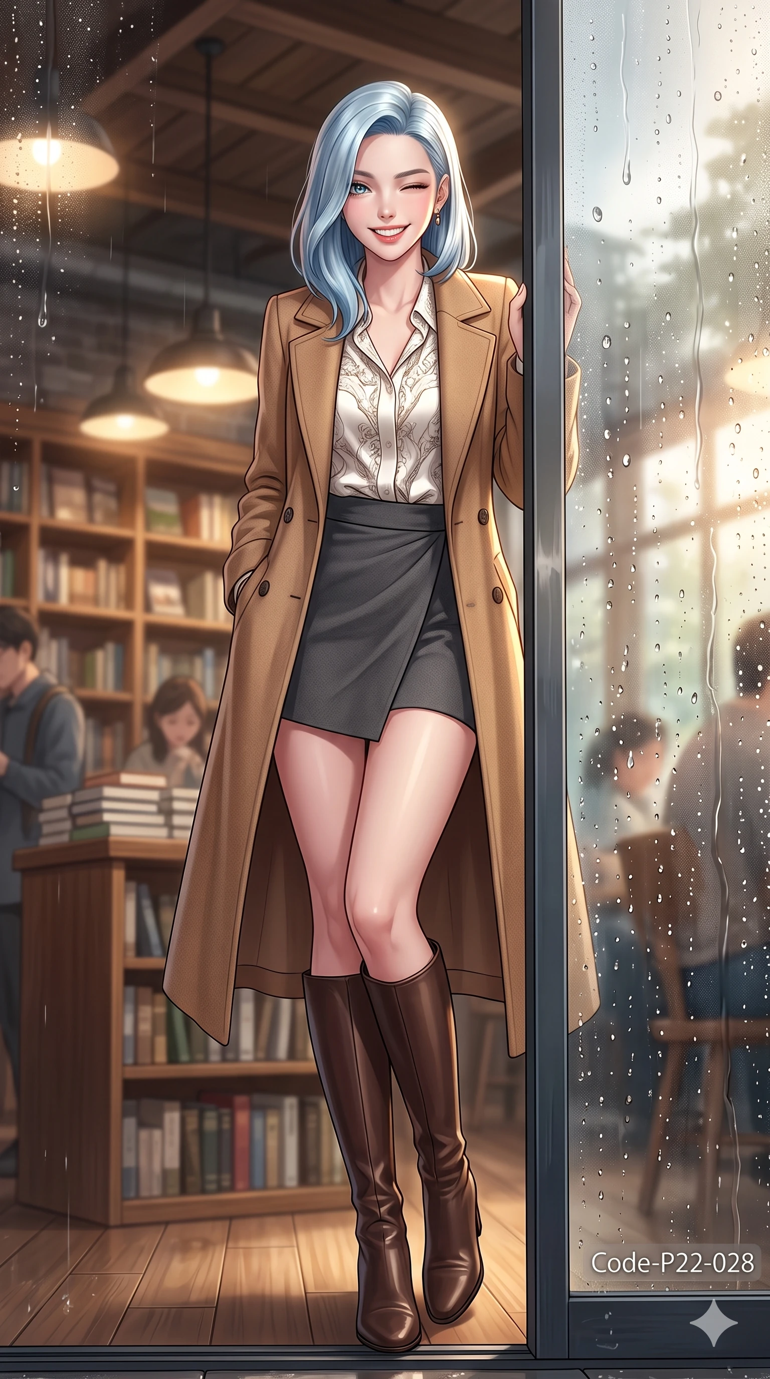 score_9, masterpiece, best quality, ultra-detailed, high-budget anime keyframe, vibrant anime aesthetic, Korean woman. low angle full-body shot from head to toe showing her feet, filling the entire 9:16 vertical frame with her statuesque presence, stretching her vertical silhouette. She is peering through a rain-streaked window, winking with a playful grin, gazing softly at the camera lens surrounded by fresh morning mist. inside a cozy bookstore cafe with warm reading lights, facing a glass wall covered in fresh rain droplets (Code-P22-028). She has an absolutely perfect 8-heads proportion, an exceptionally tall and slender female figure with impossibly long slender legs and an ultra-slim waist. V-shaped jawline, high-bridge nose, intricate jewel-like eyes with depth, thick eyelashes, glossy lips with a natural sheen. wearing a long wool coat over a chic blouse and a matching wrap skirt with stylish boots. She is drenched in soft daylight filtering through rain-streaked glass panels, highlighting her V-shaped jawline during a refreshing sun shower. 2k, ultra detail, master piece, 9:16 ratio
