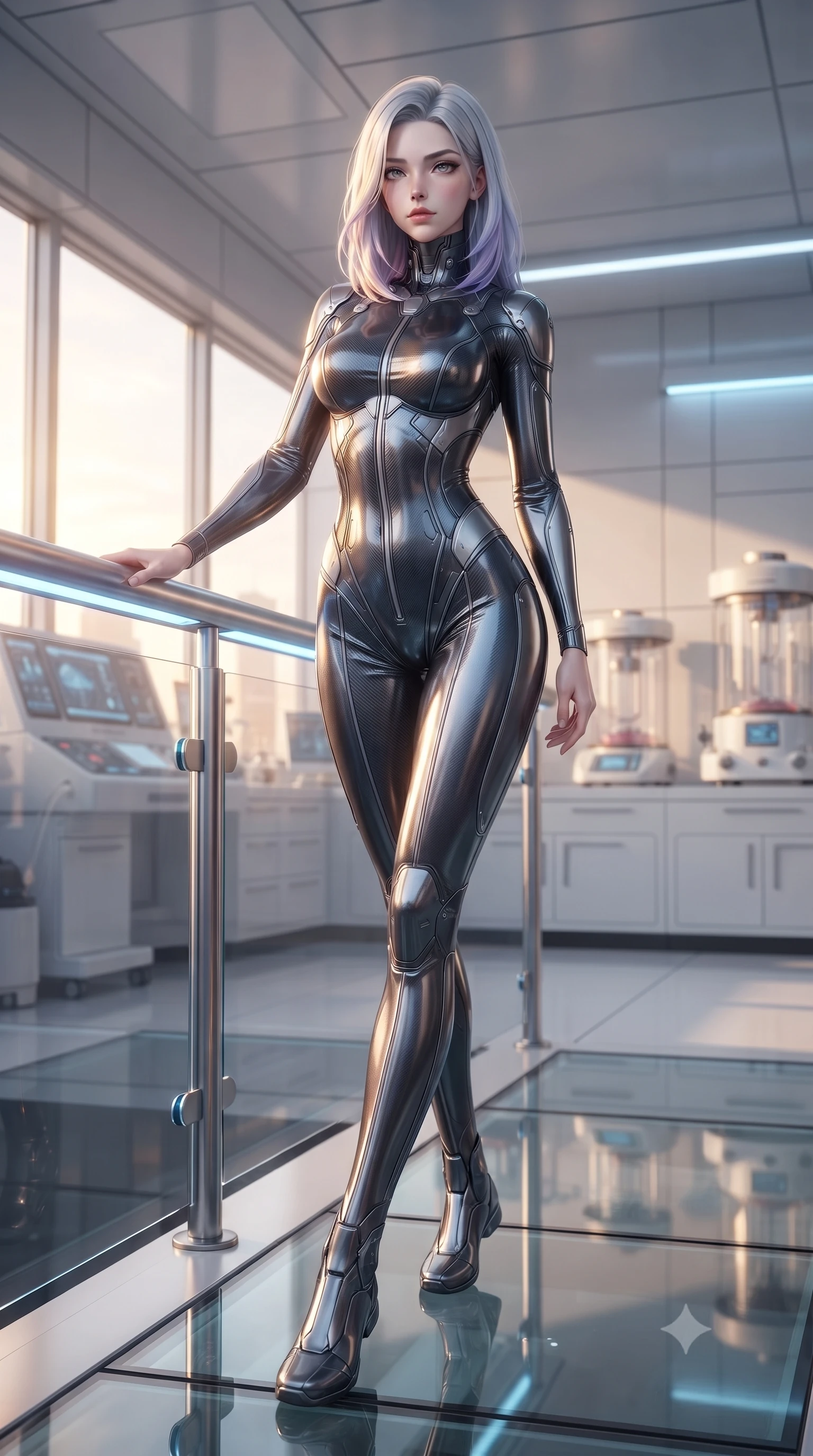 score_9, masterpiece, best quality, ultra-detailed, high-budget anime keyframe, editorial fashion photography, tasteful artistic composition, Caucasian woman. low angle full-body shot from head to toe showing her feet, filling the entire 9:16 vertical frame with her statuesque presence, stretching her vertical silhouette. standing in a tall, confident posture with one hand on a glowing metal railing, stretching her statuesque body, the background shows a soft-focus a glass bridge private research balcony in a laboratory facility at sunset. She has an absolutely perfect, statuesque 8.5-heads proportion, an exceptionally tall and slender model-like female figure with impossibly long slender legs and an ultra-slim waist. sharp v-shaped jawline, high-bridge nose, intricate jewel-like eyes with depth, thick eyelashes, glossy lips with a natural sheen. wearing a form-contouring skin-tight carbon-fiber pattern pilot bodysuit with a high-gloss finish, tracing every contour of her slender silhouette. late afternoon sun casting a majestic golden glow over the clean walls. ultra-reflective glossy finish, specular highlights, metallic sheen, high-contrast stereoscopic depth, volumetric dynamic lighting, 2k, ultra detail, master piece, 9:16 ratio