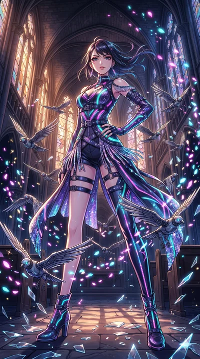 score_9, masterpiece, best quality, ultra-detailed, Set A: High-budget Anime Keyframe, Japanese woman. Low angle cowboy shot filling the entire 9:16 frame with her statuesque presence. Standing victoriously through a shattered glass cathedral, surrou