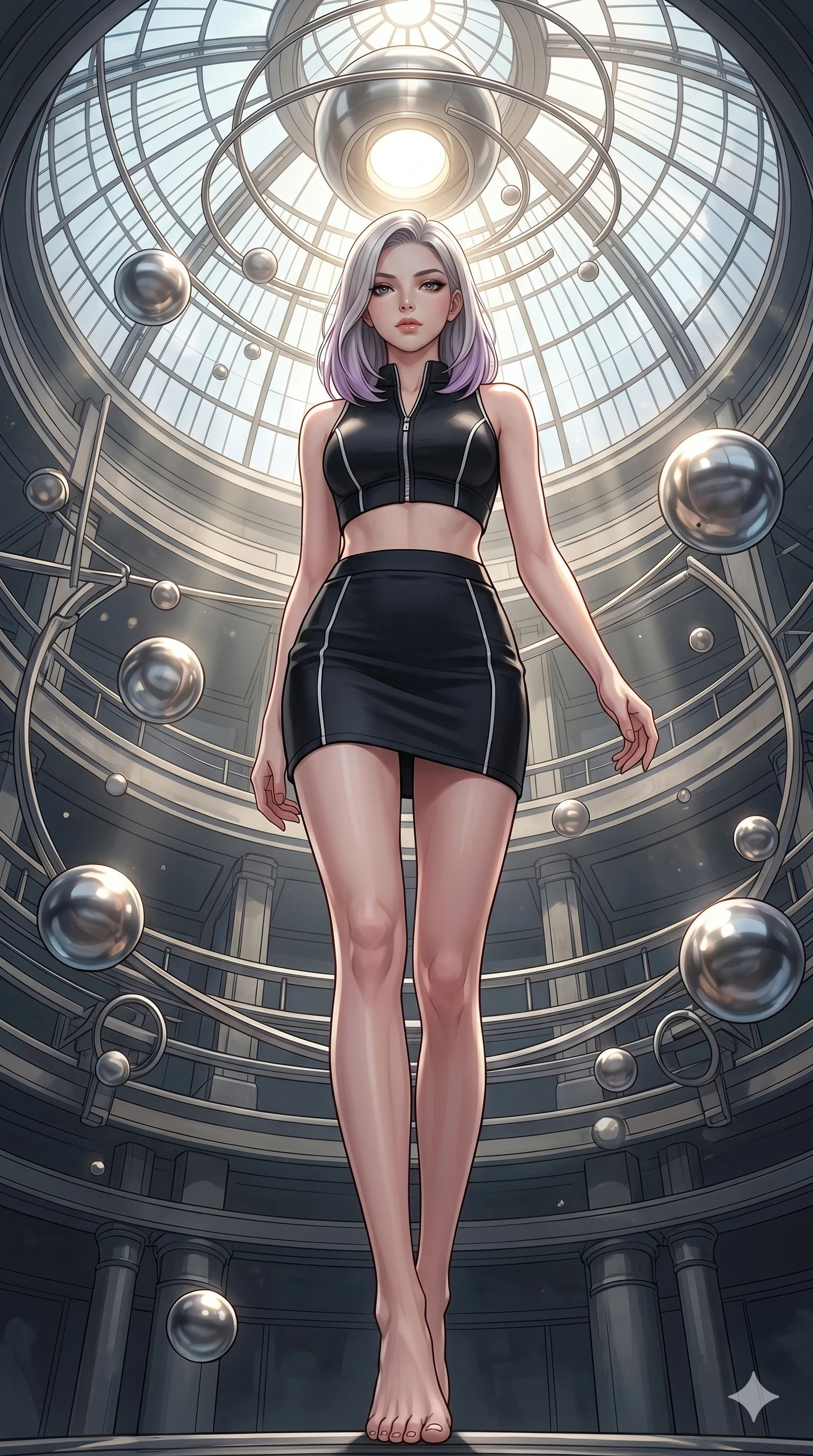 score_9, masterpiece, best quality, ultra-detailed, high-budget anime keyframe, editorial fashion photography, tasteful artistic composition, Caucasian woman, strictly human ears. low angle full-body shot from head to toe showing her feet, filling the entire 9:16 vertical frame with her statuesque presence, stretching her vertical silhouette. Descending like royalty with one hand trailing behind her within a circular vault where metal spheres float and spin around a central light. She has an absolutely perfect 8-heads proportion, an exceptionally tall and slender female figure with impossibly long slender legs and an ultra-slim waist. V-shaped jawline, high-bridge nose, intricate jewel-like eyes with depth, thick eyelashes, glossy lips with a natural sheen. wearing a black neoprene crop top with white piping and a front zip, paired with a matching high-waist neoprene mini skirt. drenched in cinematic god-ray sunlight descending from a vaulted glass ceiling, illuminating her form. 2k, ultra detail, master piece, 9:16 ratio