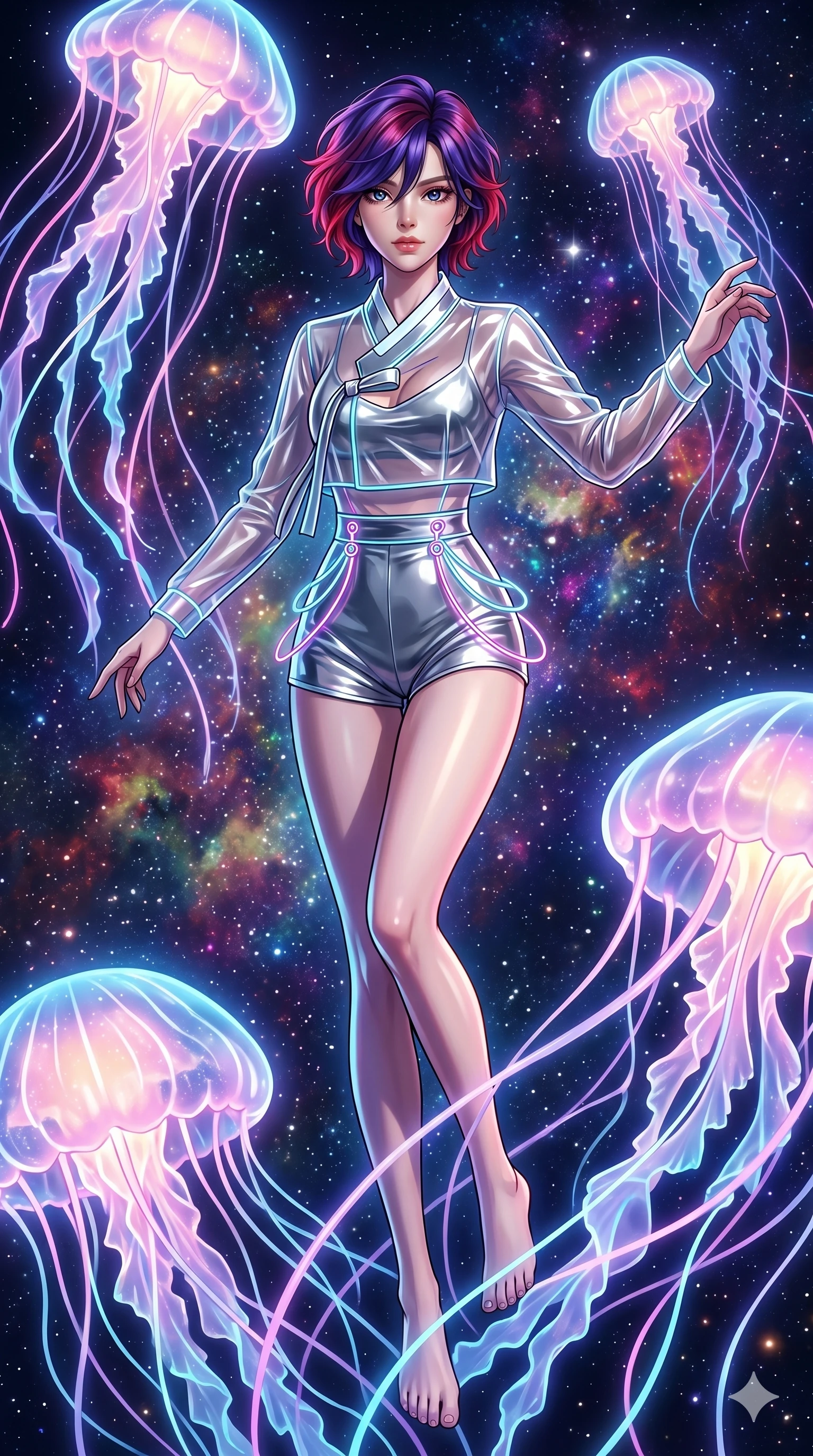 score_9, masterpiece, best quality, ultra-detailed, high-budget anime keyframe, Caucasian woman, strictly human ears. low angle full-body shot filling the entire 9:16 frame with her statuesque presence, stretching the vertical silhouette. swirling gracefully among the glowing ribbon-like tentacles of giant bioluminescent jellyfish floating in a starry sky garden. She has an absolutely perfect 8-heads proportion, an exceptionally tall and slender female figure with impossibly long slender legs and an ultra-slim waist. V-shaped jawline, high-bridge nose, intricate jewel-like eyes with depth, thick eyelashes, glossy lips with a natural sheen.. wearing a vinyl liquid mercury fusion hanbok, featuring a translucent chrome-silver vinyl jeogori and high-waist micro-shorts, detailed with glowing neon wire trims and a tasteful chest slit. accented by dynamic color-blocked lighting with high-contrast shadows emphasizing her statuesque height. 2k, ultra detail, master piece, 9:16 ratio