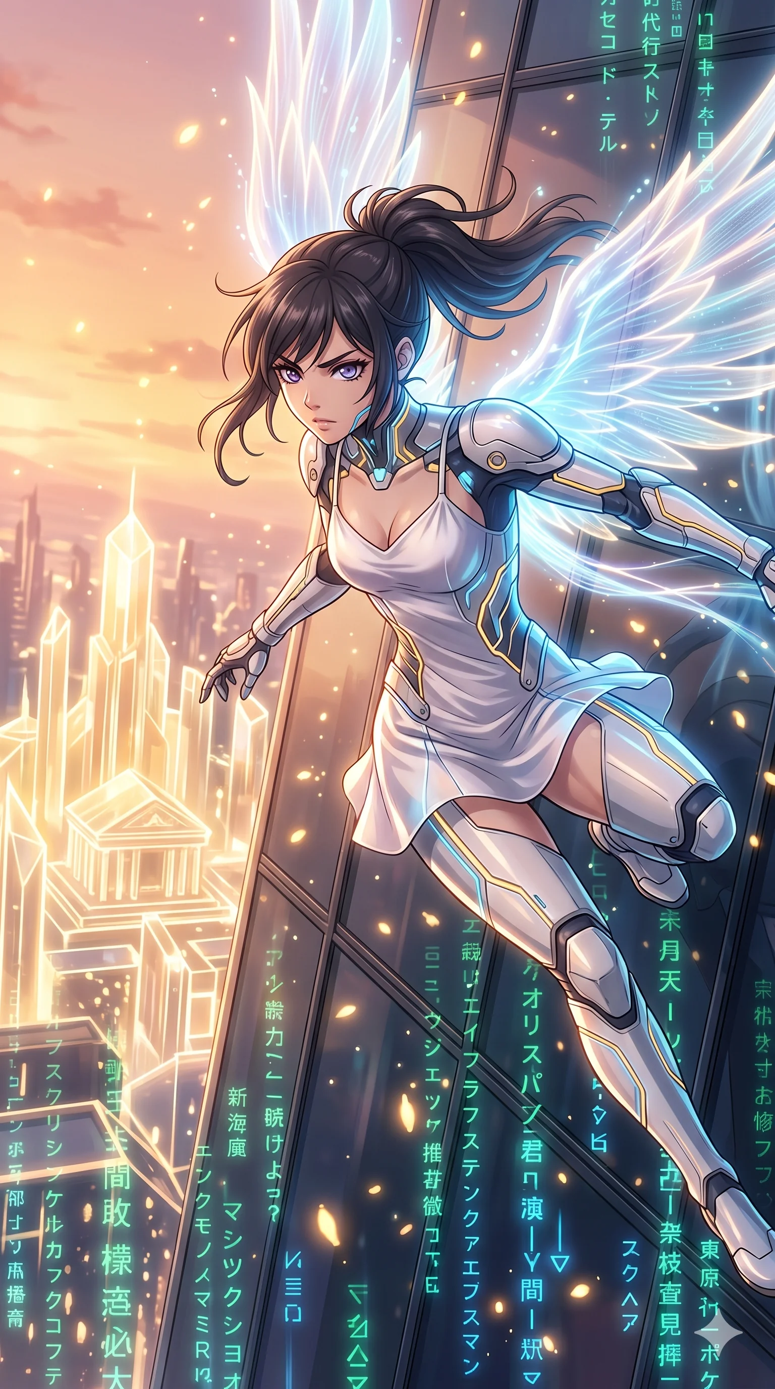 score_9, masterpiece, best quality, ultra-detailed, Set A: High-budget Anime Keyframe, Japanese woman. Upper body close-up from the thighs up, character filling the screen for maximum presence. Theme: Ethereal Dream. sliding down a glass skyscraper in a temple made of solid light, as a digital rain of 197 symbols washes over her. The atmosphere is filled with golden hour with floating embers. She has an absolutely perfect 8-heads proportion, an exceptionally tall and slender female figure with impossibly long slender legs and an ultra-slim waist. Sharp v-shaped jawline, high-bridge nose, intricate jewel-like eyes with depth, glossy lips. Wearing Cybernetic angel suit with massive glowing fiber-optic wings and a white silk slip. Cinematic lighting, vivid colors, dramatic shadows, 2k, ultra detail, master piece, 9:16 ratio