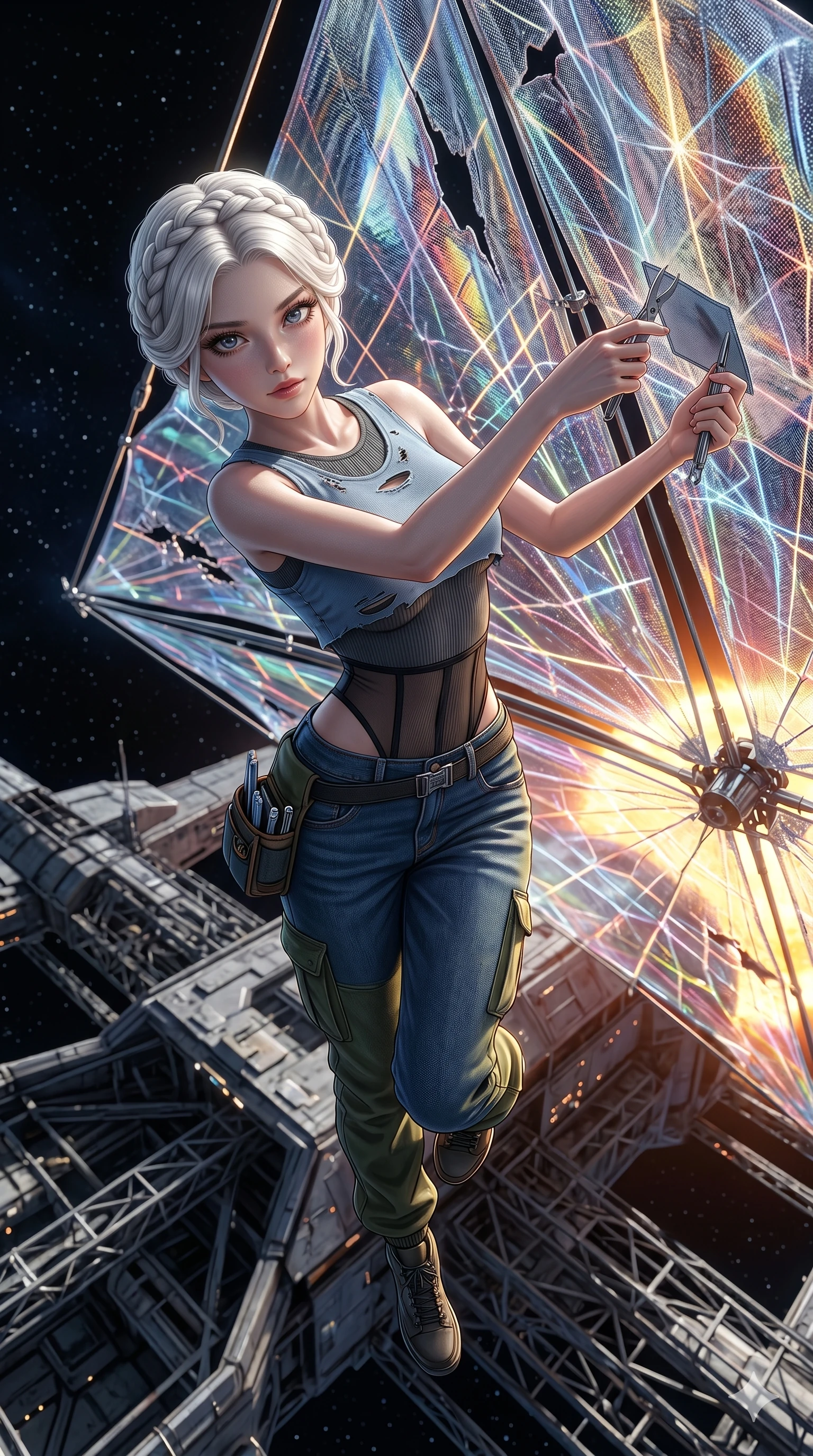 score_9, masterpiece, best quality, ultra-detailed, photorealistic 8k CG, hyper-detailed textures, ray-tracing, Japanese woman. Extreme high angle shot as she leaps towards the camera, filling the frame. reparing a damaged solar sail on a ship heading for a new sun. She has an absolutely perfect 8-heads proportion, an exceptionally tall and slender female figure with an ultra-slim waist and impossibly long slender legs. strictly human anatomy, two legs only, no extra limbs, clearly defined legs and arms, perfect anatomy, perfect hands and fingers. sharp v-shaped jawline, high-bridge nose, intricate jewel-like eyes, thick eyelashes, glossy lips. Wearing Urban Trendsetter: Ribbed bodycon dress, crop top with high-waist denim, and sheer corset with cargo pants. The scene is illuminated by dramatic atmospheric lighting and vibrant color palettes. , 2k, ultra detail, master piece, 9:16 ratio