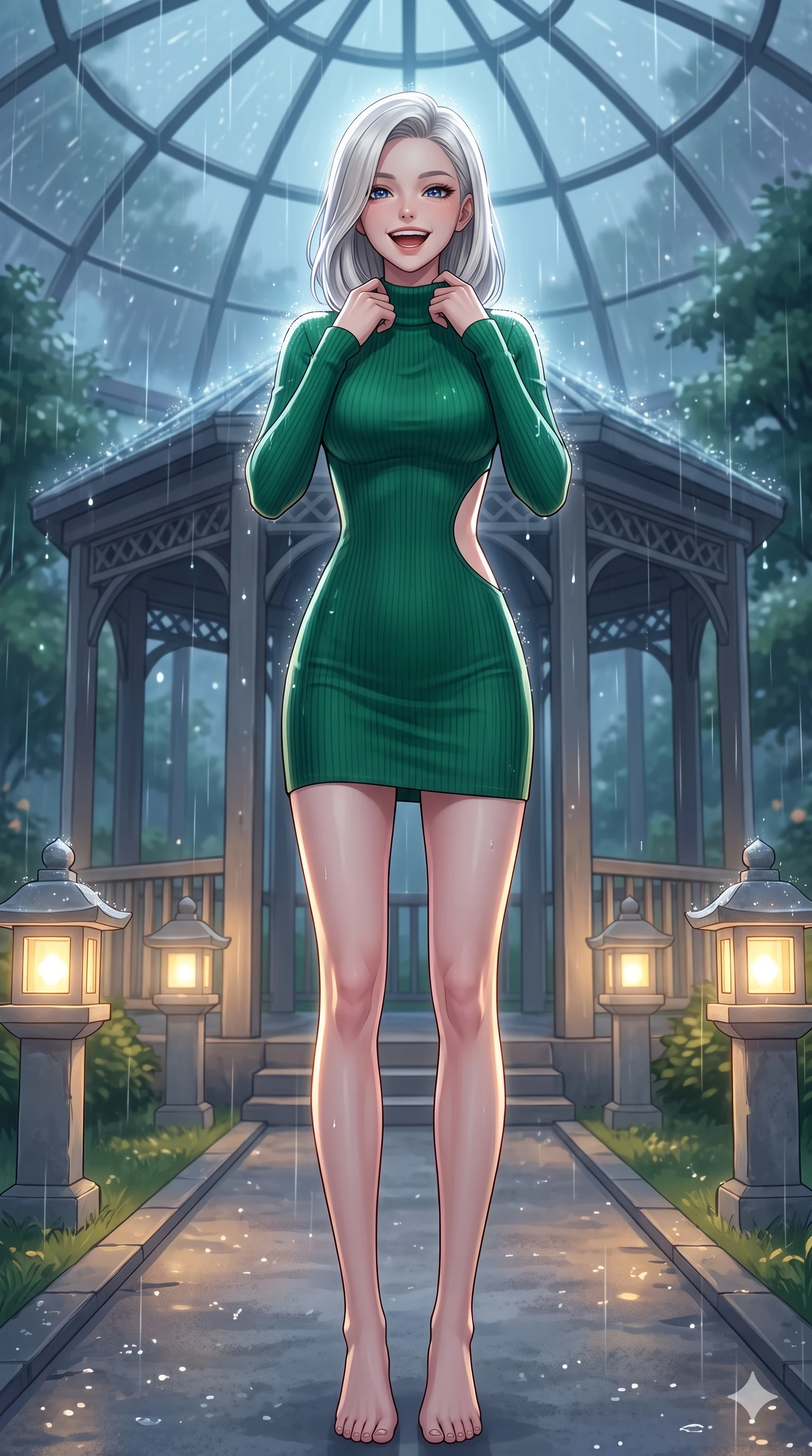 score_9, masterpiece, best quality, ultra-detailed, high-budget anime keyframe, vibrant anime aesthetic, Caucasian woman, strictly human ears. low angle full-body shot from head to toe showing her feet, filling the entire 9:16 vertical frame with her statuesque presence, stretching her vertical silhouette. She is laughing cheerfully while adjusting her collar in the soft drizzle, with a warm and inviting look under the glass conservatory dome. by a quiet garden pavilion pathway lined with glowing stone lanterns in a soft rain (Code-P22-059). She has an absolutely perfect 8-heads proportion, an exceptionally tall and slender female figure with impossibly long slender legs and an ultra-slim waist. V-shaped jawline, high-bridge nose, intricate jewel-like eyes with depth, thick eyelashes, glossy lips with a natural sheen. wearing a bodycon knit dress with an elegant side panel cut-out in emerald green. She is lit by sparkling rain droplets reflecting the morning sun, creating a glowing halo, tracing the elegant lines of her shoulders in the cozy indoor garden. 2k, ultra detail, master piece, 9:16 ratio