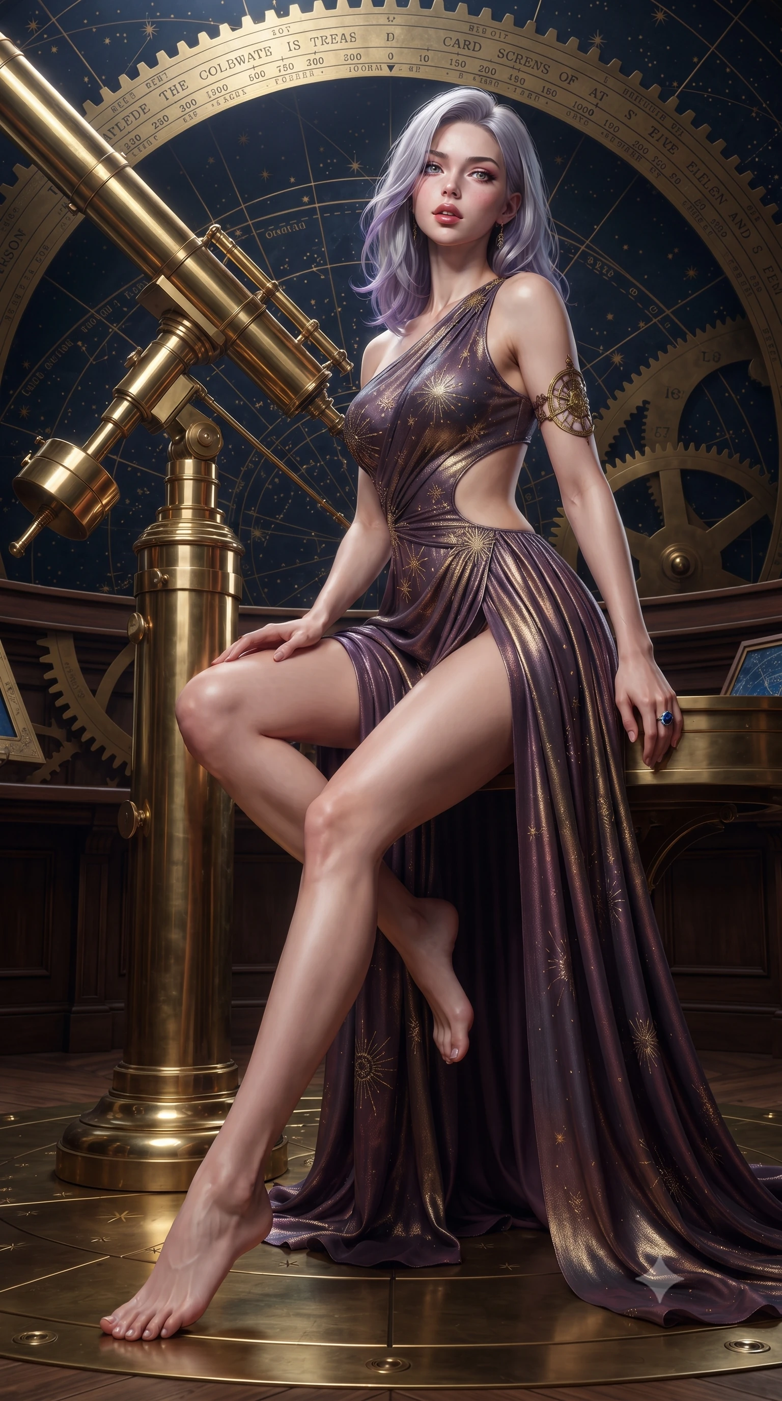 score_9, masterpiece, best quality, ultra-detailed, high-budget anime keyframe, editorial fashion photography, tasteful artistic composition, Caucasian woman. low angle full-body shot from head to toe showing her feet, filling the entire 9:16 vertical frame with her statuesque presence, stretching her vertical silhouette. sitting perched on the elevated ledge with hips angled toward the camera and legs crossed, displaying her toned midriff and flawlessly sculpted slender limbs while crouching gracefully beside the brass telescope mount, looking back with parted glossy lips as galactic starlight washes over her curves. The surrounding environment is rendered in vivid detail and crisp panoramic clarity. sharp brass gear teeth, engraved celestial coordinate rings, and star map typography in deep focus. She has an absolutely perfect, statuesque 8.5-heads proportion, an exceptionally tall and slender model-like female figure with impossibly long slender legs, a toned flat midriff, an ultra-slim waist, and beautifully sculpted feminine hips. sharp v-shaped jawline, high-bridge nose, intricate jewel-like eyes with depth, thick eyelashes, glossy parted lips with a natural sheen, intensely captivating and seductive bedroom-eyes expression, flawlessly proportioned anatomical accuracy, strict slender model proportions, natural body alignment, perfectly sculpted long slender limbs, ultra-slim waistline, clean dynamic posture without body distortion. wearing an asymmetric one-shoulder metallic gown with celestial starburst embroidery and bare side cutouts in dusky celestial plum and antique brass gold, woven from layered gossamer chiffon with a weightless sweeping drape, accessorized with an intricate brass astrolabe armlet and sapphire ring, the glove-like aerodynamic silhouette tightly following the natural contour of her hips and long slender legs with statuesque precision. illuminated by starlight edge lights carving her slender waist, bare collarbones, and feminine hip line. ultra-reflective glossy finish, specular highlights, rich textural contrasts, high-contrast stereoscopic depth, volumetric dynamic lighting, 2k, ultra detail, master piece, 9:16 ratio