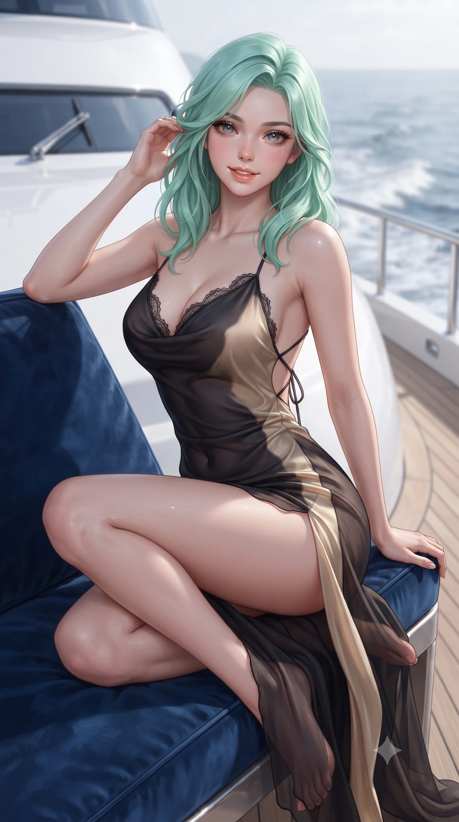 score_9, masterpiece, best quality, ultra-detailed, high-budget anime keyframe, editorial fashion photography, tasteful artistic composition, Japanese woman. close-up cowboy shot from the waist and thighs up, the character dominates the composition, filling the frame with her large presence. perched sideways on the velvet lounge chair, one knee drawn up to showcase her slender leg line while her arched back accentuates her feminine hip curve while twisting her slender torso in an alluring S-curve against the polished white superstructure, silvery moonlight tracing her waist and hip curves. The background shows a soft-focus yacht teak decks and gentle ocean wake softened in exclusive maritime shallow focus. She has an exceptionally elegant, slender, and willowy female figure with an ultra-slim waist, flat toned midriff, narrow ribcage, and sculpted feminine hips creating an alluring, slim hourglass silhouette without bulk. sharp v-shaped jawline, high-bridge nose, sparkling eyes with hypnotic seductive depth, thick curled eyelashes, glossy parted lips with a natural dewy peach sheen, alluring bedroom-eyes with an enchanting coquettish smile, exuding magnetic siren charisma and sophisticated high-fashion glamour, flawlessly proportioned anatomical accuracy, strict slender model proportions, natural body alignment, perfectly sculpted long slender limbs, ultra-slim waistline, clean dynamic posture without body distortion. wearing a plunging cowl-neck liquid silk slip dress with a daring thigh-high split and delicate criss-cross back ties in midnight obsidian black and liquid champagne gold, made of sheer gossamer chiffon that drapes softly against skin with airy translucence, finished with scalloped eyelash lace trim framing her sweetheart neckline with intimate elegance, the high-slit wrap tailoring accentuating her ultra-slim waistline and the enchanting curve of her feminine hips with alluring seductive charm. illuminated by ocean moonbeam bounce and sharp platinum rim lights sculpting her jawline, flat midriff, and curvaceous hips. ultra-reflective glossy finish, specular highlights, rich textural contrasts, high-contrast stereoscopic depth, volumetric dynamic lighting, 2k, ultra detail, master piece, 9:16 ratio