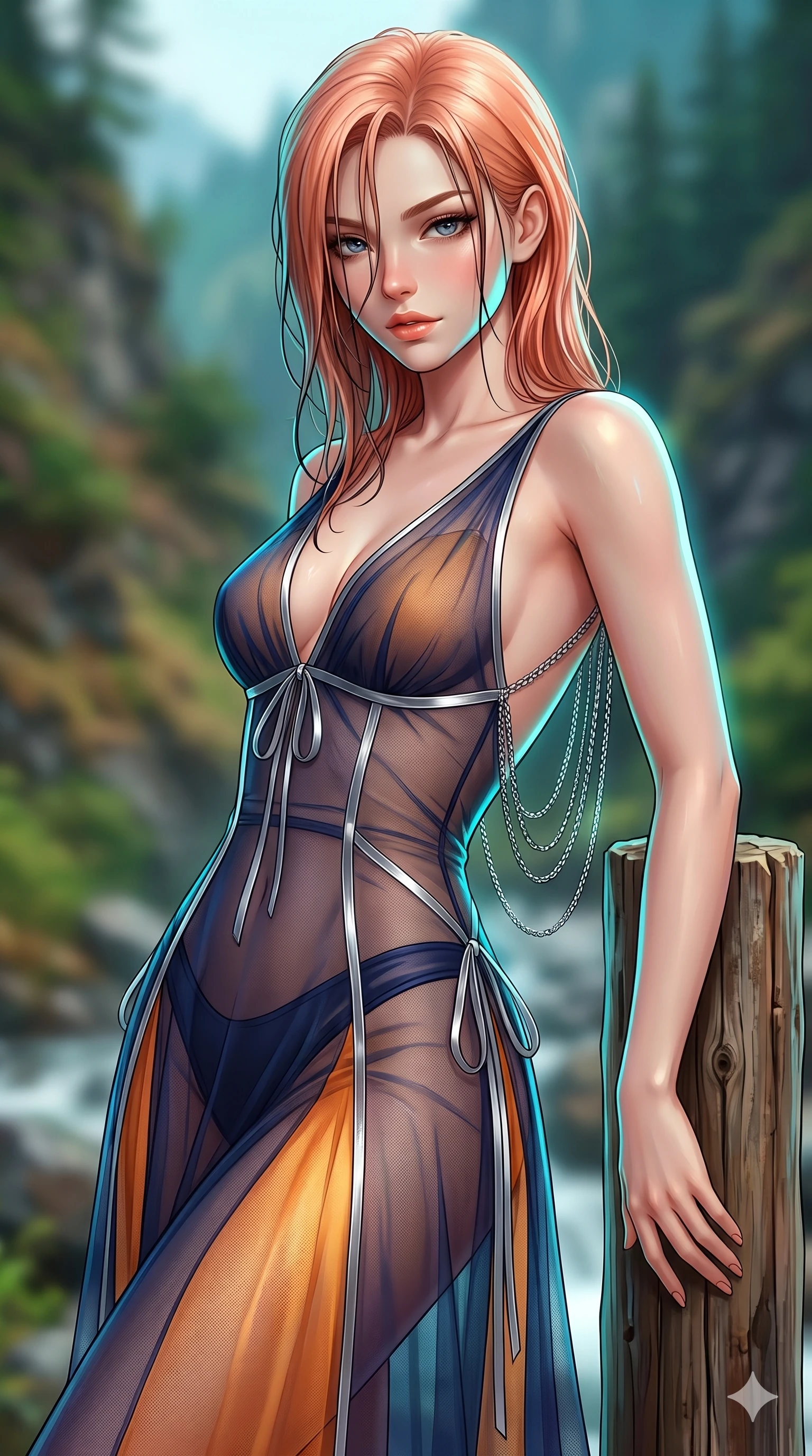 score_9, masterpiece, best quality, ultra-detailed, high-budget anime keyframe, semi-realistic 3D game render, editorial fashion photography, tasteful artistic composition, Japanese woman. close-up cowboy shot from the waist and thighs up, the character dominates the composition, filling the frame with her large presence. leaning forward while arching her lower back to accentuate her curvy hips, looking into the camera with an intoxicating smoldering gaze and bedroom-eyes while leaning against the rustic pine post with hips cocked back, looking through dark wet strands of hair with smoldering bedroom-eyes. The background shows a soft-focus wild mountain ravine softened in natural landscape shallow focus. She has an exceptionally elegant, slender, and willowy female figure with an ultra-slim waist, flat toned midriff, narrow ribcage, and sculpted feminine hips creating an alluring, slim hourglass silhouette without bulk. sharp v-shaped jawline, high-bridge nose, sparkling eyes with hypnotic seductive depth, thick curled eyelashes, glossy parted lips with a natural dewy peach sheen, alluring bedroom-eyes with an enchanting coquettish smile, exuding magnetic siren charisma and sophisticated glamour, flawlessly proportioned anatomical accuracy, strict slender model proportions, natural body alignment, perfectly sculpted long slender limbs, ultra-slim waistline, clean dynamic posture without body distortion. wearing a plunge-front sheer illusion tulle slip dress with liquid platinum ribbon stripes and silk otgoreum ties hugging her curves in midnight indigo and glowing lantern topaz, woven from fine semi-opaque stretch illusion mesh tracing every contour of her figure, accented with an open-back drape framed by falling strands of delicate chrome chains, the form-fitting cut adhering flawlessly to her sculpted flat midriff and slender torso, emphasizing her long leg lines and perfectly proportioned willowy build. illuminated by waterfall foam bounce and sharp cyan-aquamarine rim lights sculpting her razor-sharp jawline, narrow waist, and curvy hips. highly saturated vibrant anime colors, detailed shading with soft gradients, rich glossy textures, high-contrast stereoscopic depth, volumetric dynamic lighting, master piece, 9:16 ratio