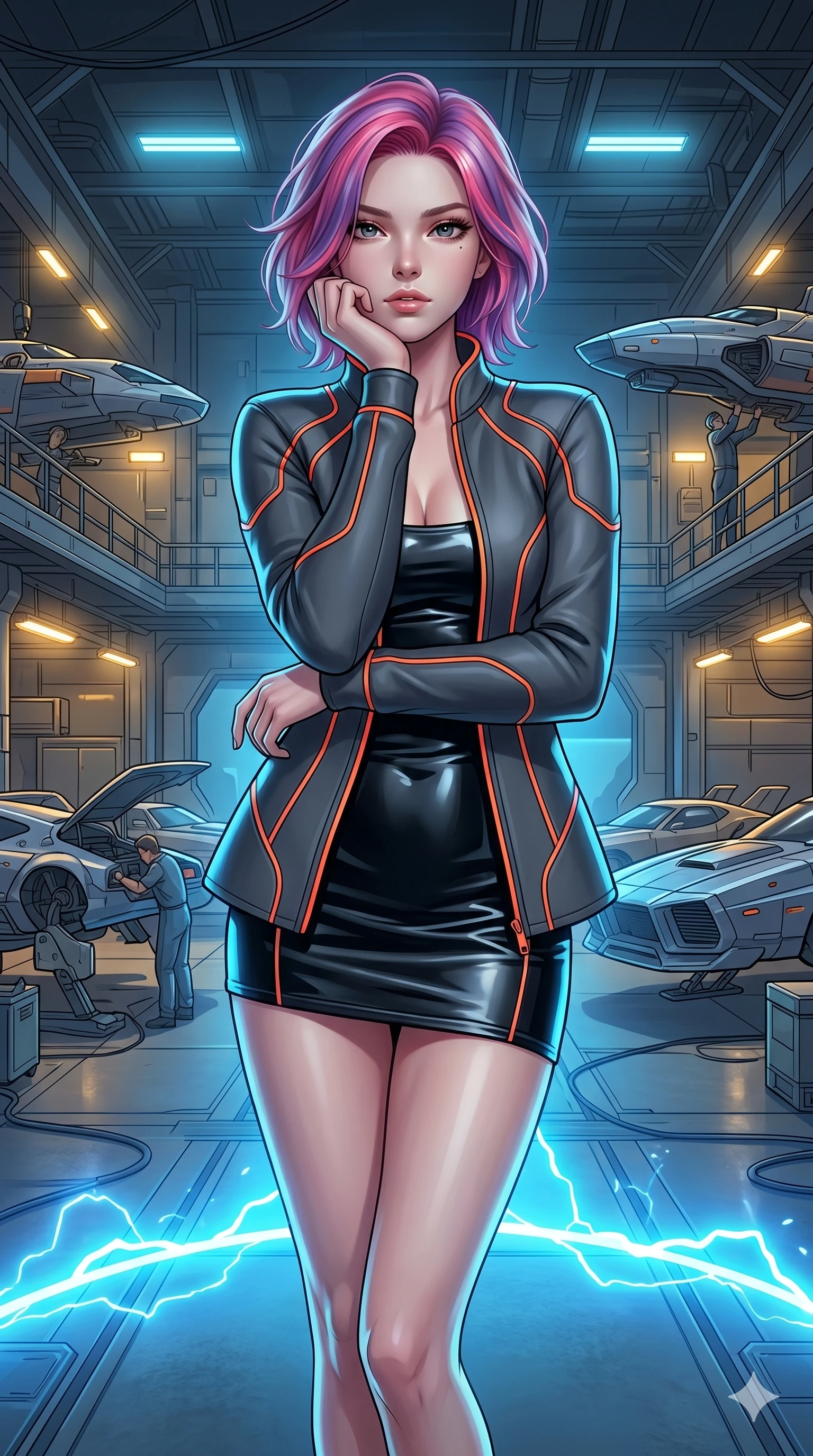 score_9, masterpiece, best quality, ultra-detailed, high-budget anime keyframe, editorial fashion photography, tasteful artistic composition, Caucasian woman, strictly human ears. cowboy shot from the thighs up, character and outfit filling the frame for maximum editorial presence. Resting one elbow on an invisible surface, her hand supporting her jaw with casual grace within a cybernetic hangar filled with high-speed hovercraft and yellow worklights. She has an absolutely perfect 8-heads proportion, an exceptionally tall and slender female figure with impossibly long slender legs and an ultra-slim waist. V-shaped jawline, high-bridge nose, intricate jewel-like eyes with depth, thick eyelashes, glossy lips with a natural sheen. wearing a sculpted charcoal neoprene jacket with orange neon piping, worn over a black latex-look mini dress. highlighted by pulsing electric blue plasma arc lighting from below, casting dramatic upward shadows. 2k, ultra detail, master piece, 9:16 ratio