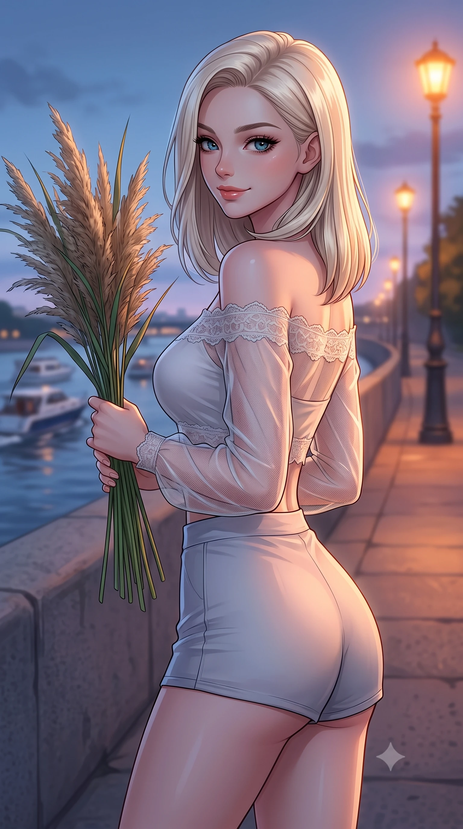 score_9, masterpiece, best quality, ultra-detailed, high-budget anime keyframe, editorial fashion photography, tasteful artistic composition, Caucasian woman. close-up cowboy shot from the waist and thighs up, the character dominates the composition, filling the frame with her large presence, background elements kept in soft focus. smiling with a playful and cute half-smile, glancing sidelong over her shoulder set against a soft-focus background of on a concrete river embankment overlooking passing leisure boats holding a bunch of fresh river reeds with a happy, cute expression. She has an exceptionally elegant, slender, and willowy female figure with an ultra-slim waist, a gracefully sculpted slender torso, and a refined silhouette. sharp v-shaped jawline, high-bridge nose, intricate jewel-like eyes with depth, thick eyelashes, glossy lips with a natural sheen. wearing form-contouring delicate lace-trim off-shoulder blouse paired with a sheer mesh overlay and form-contouring mini shorts. cool twilight sky glow contrasting with the warm orange light of streetlamps. highly saturated vibrant anime colors, detailed shading with soft gradients, rich glossy textures, high-contrast stereoscopic depth, volumetric dynamic lighting, master piece, 9:16 ratio