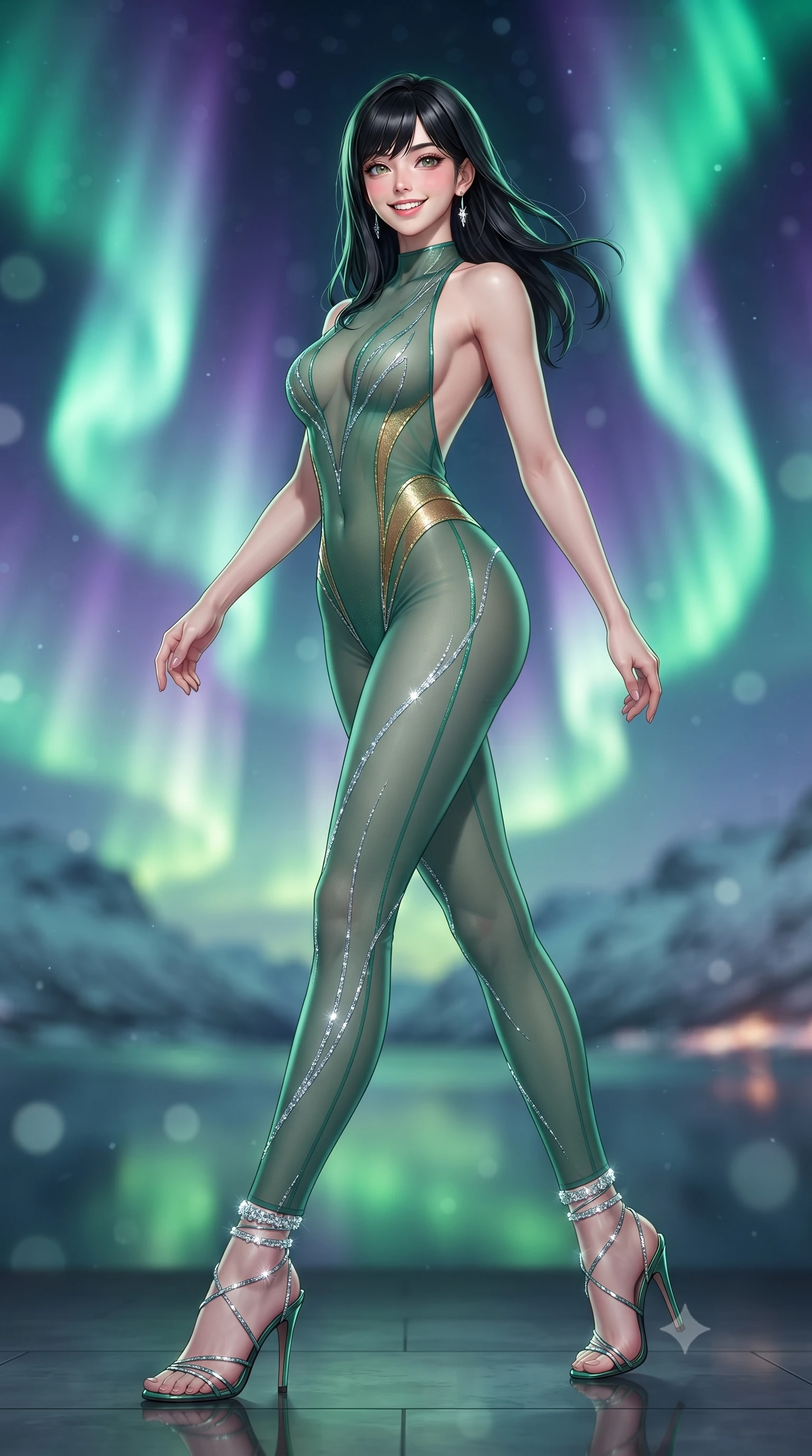 score_9, masterpiece, best quality, ultra-detailed, high-budget anime keyframe, editorial fashion photography, tasteful artistic composition, Caucasian woman. low angle full-body shot from head to toe showing her feet, filling the entire 9:16 vertical frame with her statuesque presence, stretching her vertical silhouette. stepping forward in a confident stride, her long slender legs and curvaceous hips creating a dynamic, sweeping vertical line while twisting her slender torso in an alluring contrapposto stance on the heated slate floor, green auroral glow and firelight caressing her flat midriff. The background shows a soft-focus swirling curtains of brilliant emerald and violet Aurora Borealis illuminating moonlit fjord waters and snowy peaks blurred into jade, amethyst, and silver bokeh. She has an exceptionally tall and slender model-like 8.5-heads proportion, an ultra-slim waist, a flat toned midriff, narrow delicate ribcage, and beautifully sculpted feminine hips creating a graceful, slim hourglass silhouette without any bulky heaviness, with impossibly long slender legs. sharp v-shaped jawline, high-bridge nose, intricate jewel-like sparkling eyes with depth, thick eyelashes, glossy parted lips with a natural peach sheen, bright cheerful beaming smile with an enchanting and coquettish sensual glint, exuding both youthful cute charm and seductive allure, flawlessly proportioned anatomical accuracy, strict slender model proportions, natural body alignment, perfectly sculpted long slender limbs, ultra-slim waistline, clean dynamic posture without body distortion. wearing a backless sheer illusion mesh catsuit with strategic crystalline silver flocking tracing her long slender leg lines in French Concession jade green and gilded bronze, made of fluid liquid jersey with seamless sculpting hold and smooth contours, complemented by strappy stiletto sandals with crystal ankle wraps accentuating her slender calves, the second-skin tailored fabric adhering flawlessly to her sculpted flat midriff and slender torso, emphasizing her long leg lines and perfectly proportioned willowy build. illuminated by slate floor reflection fill and sharp neon-emerald and platinum rim lights sculpting her jawline, narrow waist, and curvy hips. ultra-reflective glossy finish, specular highlights, rich textural contrasts, high-contrast stereoscopic depth, volumetric dynamic lighting, 2k, ultra detail, master piece, 9:16 ratio