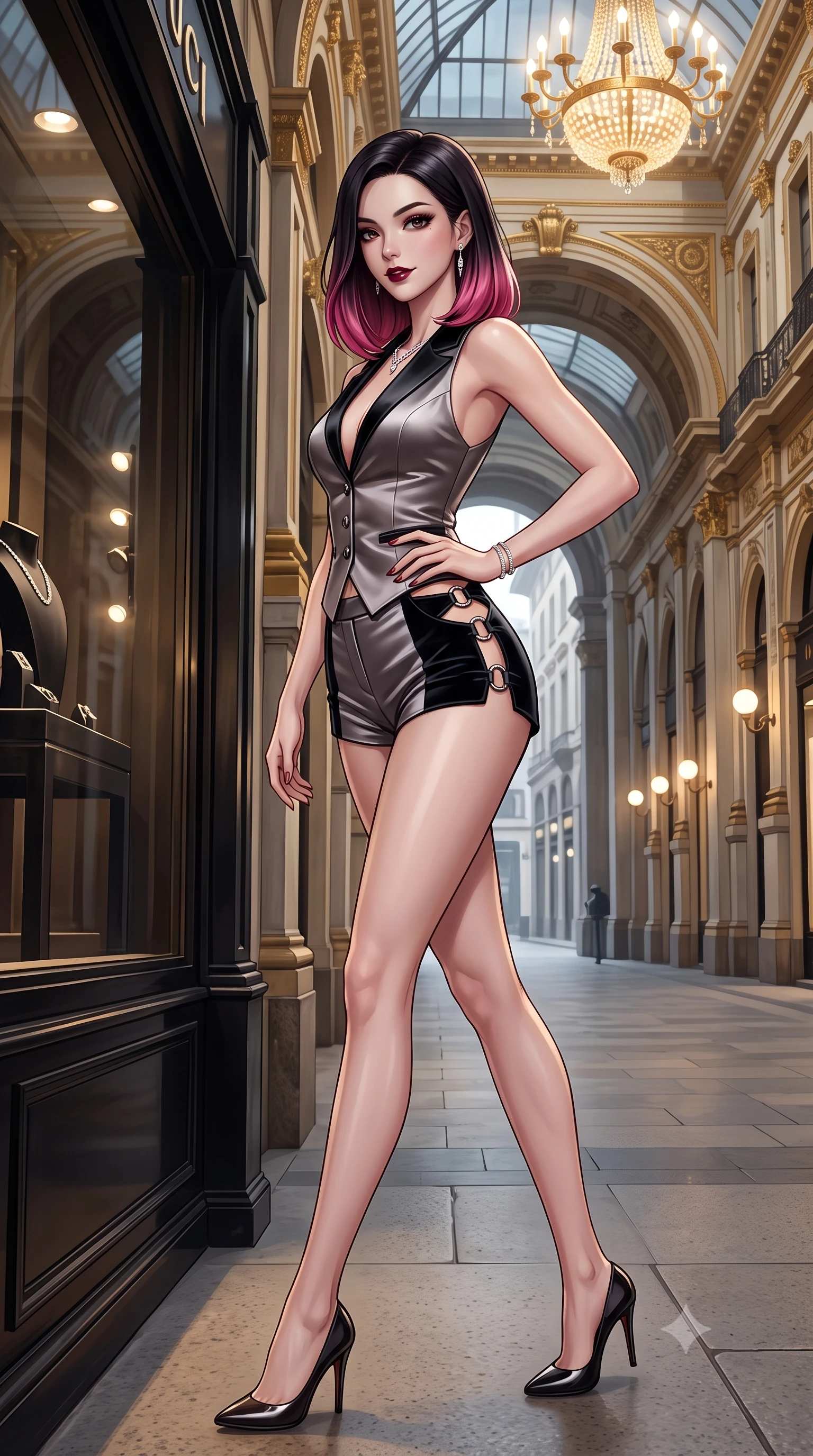 score_9, masterpiece, best quality, ultra-detailed, high-budget anime keyframe, editorial fashion photography, tasteful artistic composition, Korean woman. low angle full-body shot from head to toe showing her feet, filling the entire 9:16 vertical frame with her statuesque presence, stretching her vertical silhouette. pausing mid-stride beneath the grand chandelier with one hand resting on her narrow waist, her arched hips and statuesque 8.5-heads presence commanding the 9:16 vertical frame while pausing beside a dark luxury designer boutique window with hips cocked back, looking over a bare shoulder with an intoxicating, smoldering gaze. The surrounding environment is rendered in vivid detail and crisp panoramic clarity. detailed evening wear fabric sheen, diamond jewelry sparkle, and monumental Italian arcade architecture in high resolution. She has an exceptionally tall and slender model-like 8.5-heads proportion, an ultra-slim waist, a flat toned midriff, narrow delicate ribcage, and beautifully sculpted feminine hips creating a graceful, slim hourglass silhouette without any bulky heaviness, with impossibly long slender legs. sharp v-shaped jawline, high-bridge nose, intricate jewel-like dark sparkling eyes with dangerous depth, thick curled eyelashes, glossy parted lips with a rich wine sheen, smoldering seductive half-smile with bedroom-eyes, exuding effortless superiority and intoxicating dark allure, flawlessly proportioned anatomical accuracy, strict slender model proportions, natural body alignment, perfectly sculpted long slender limbs, ultra-slim waistline, clean dynamic posture without body distortion. wearing a tailored satin tuxedo vest worn closed against bare skin with high-cut tailored satin hot-pants in shimmering pewter and noir velvet black, tailored from crushed dark velvet with deep light-absorbing plush texture, accented with sculptural chrome hardware rings framing the subtle cutouts, the form-fitting cut adhering flawlessly to her sculpted flat midriff and slender torso, emphasizing her long leg lines and perfectly proportioned willowy build. bathed in majestic golden arcade chandelier light and soft ambient streetlamp wash. ultra-reflective glossy finish, specular highlights, rich textural contrasts, high-contrast stereoscopic depth, volumetric dynamic lighting, 2k, ultra detail, master piece, 9:16 ratio
