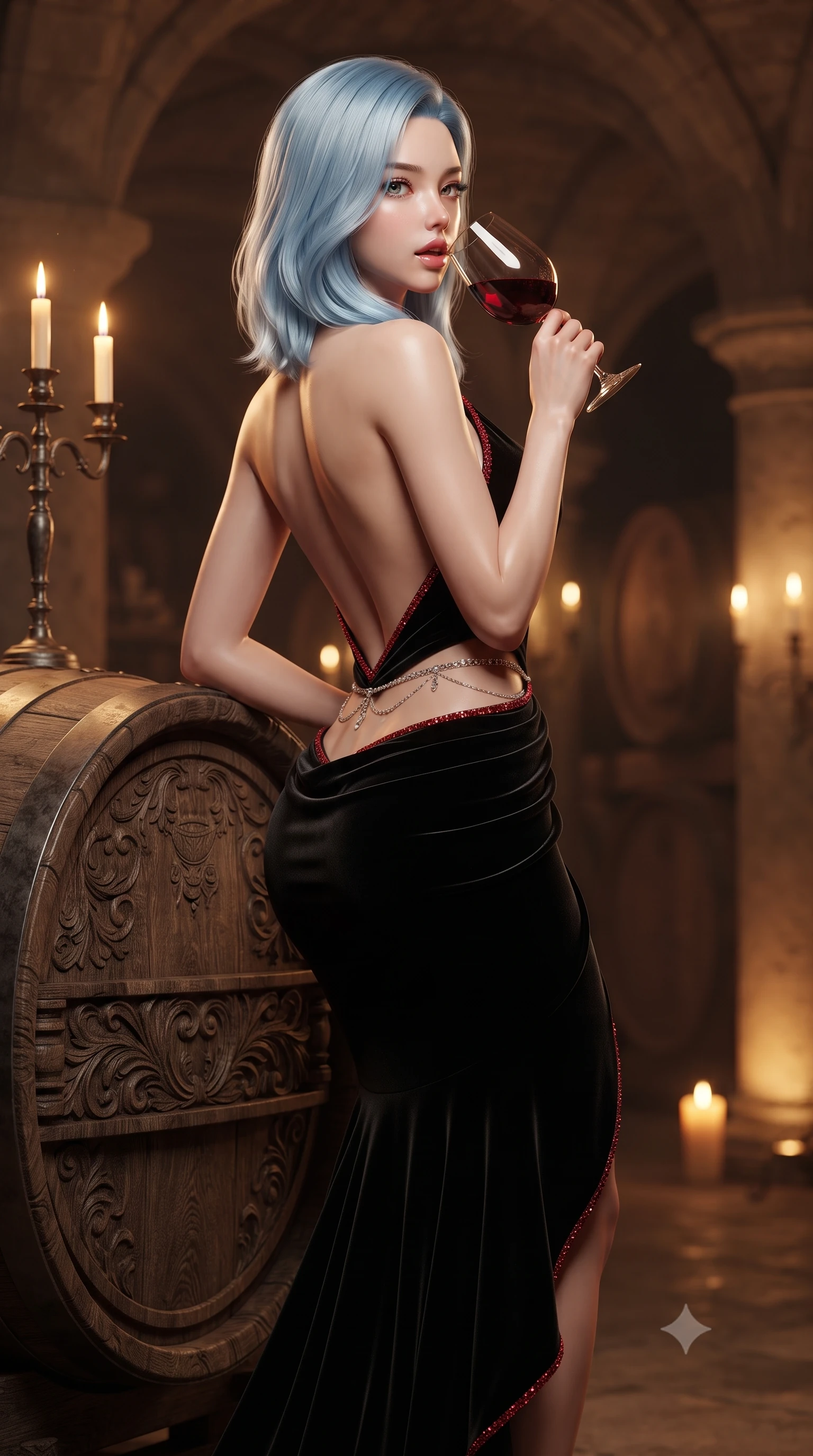 score_9, masterpiece, best quality, ultra-detailed, high-budget anime keyframe, editorial fashion photography, tasteful artistic composition, Korean woman. close-up cowboy shot from the waist and thighs up, the character dominates the composition, filling the frame with her large presence. posing in an alluring rear three-quarter angle, arching her lower back in a pronounced S-curve with one hand on her hip, glancing seductively over her bare shoulder with parted glossy lips while resting one hip against a massive carved oak wine barrel with lower back arched, raising a crystal goblet of deep red wine to her parted glossy lips while looking over her shoulder. The composition keeps background elements in soft focus with creamy bokeh. towering carved limestone vaults and heavy oak cask silhouettes softened in atmospheric shallow focus. She has an exceptionally elegant, slender, and willowy female figure with an ultra-slim waist, a gracefully sculpted slender torso, toned flat midriff, and rounded feminine hips creating an alluring hourglass silhouette. sharp v-shaped jawline, high-bridge nose, intricate jewel-like eyes with depth, thick eyelashes, glossy parted lips with a natural sheen, intensely captivating and seductive bedroom-eyes expression, flawlessly proportioned anatomical accuracy, strict slender model proportions, natural body alignment, perfectly sculpted long slender limbs, ultra-slim waistline, clean dynamic posture without body distortion. wearing an open-back duchess satin gala gown with a dramatic hip-hugging drape and cascading trailing hem in high-contrast black velvet and ruby crystal trim, tailored from liquid silk jersey adhering flawlessly to her slender build, accented with a dainty diamond waist chain catching the cellar candlelight, the form-contouring material adhering flawlessly to her sculpted flat midriff and slender torso, emphasizing her long leg lines and perfectly proportioned willowy build. bathed in warm flickering candlelight from antique candelabras and soft amber floor uplights. ultra-reflective glossy finish, specular highlights, rich textural contrasts, high-contrast stereoscopic depth, volumetric dynamic lighting, 2k, ultra detail, master piece, 9:16 ratio