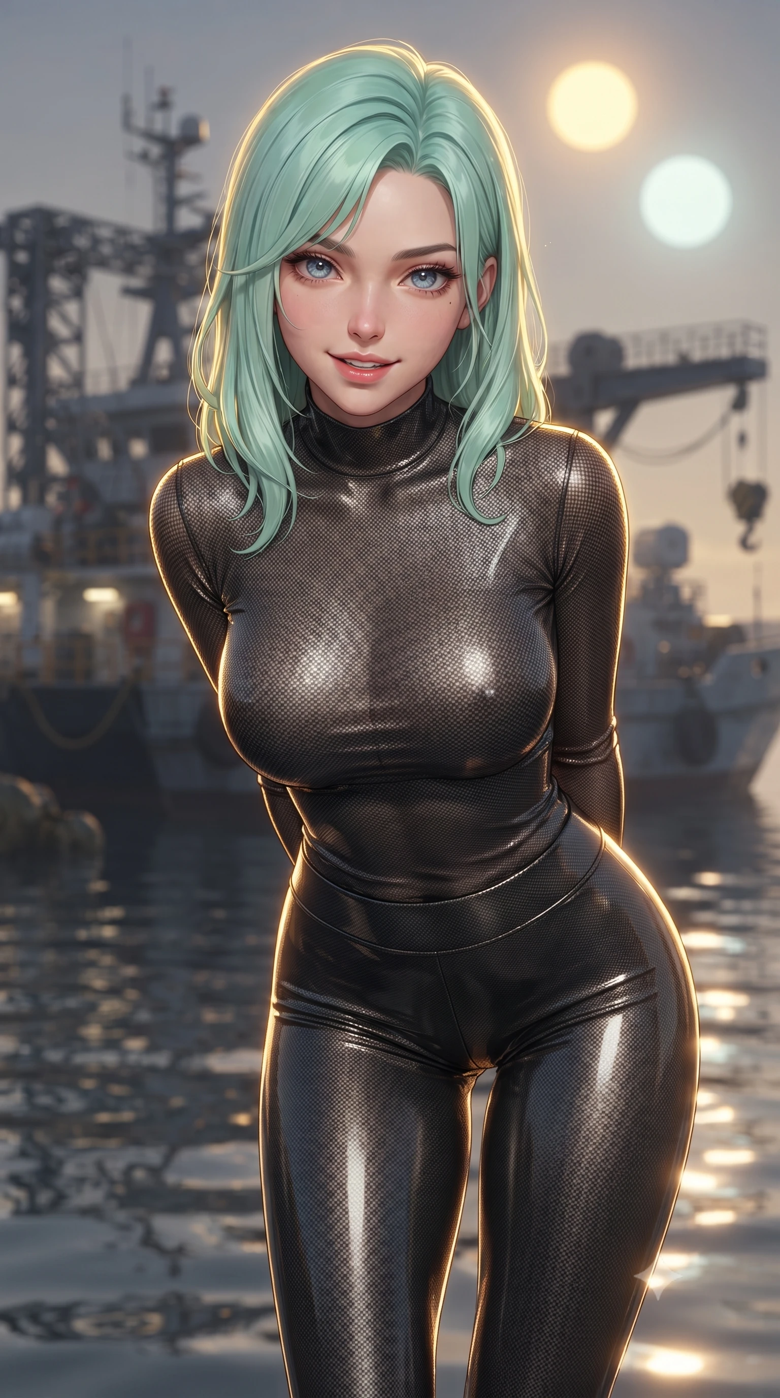 score_9, masterpiece, best quality, ultra-detailed, high-budget anime keyframe, editorial fashion photography, tasteful artistic composition, Japanese woman. close-up cowboy shot from the waist and thighs up, the character dominates the composition, filling the frame with her large presence, background elements kept in soft focus. leaning slightly forward with a playful, teasing smile, her gaze locked onto the viewer with lips parted in a composed pose, the background shows a soft-focus a research vessel deck docked in a bay of liquid mercury under a binary sun. She has an exceptionally elegant, slender, and willowy female figure with an ultra-slim waist, a gracefully sculpted slender torso, and a refined silhouette. sharp v-shaped jawline, high-bridge nose, intricate jewel-like eyes with depth, thick eyelashes, glossy lips with a natural sheen. wearing a slim-fit body-hugging carbon-mesh mock-neck top paired with tight-fitting carbon-fiber leggings. brilliant golden hour sunset tracing her carbon-armor silhouette with a gold rim. ultra-reflective glossy finish, specular highlights, metallic sheen, high-contrast stereoscopic depth, volumetric dynamic lighting, 2k, ultra detail, master piece, 9:16 ratio
