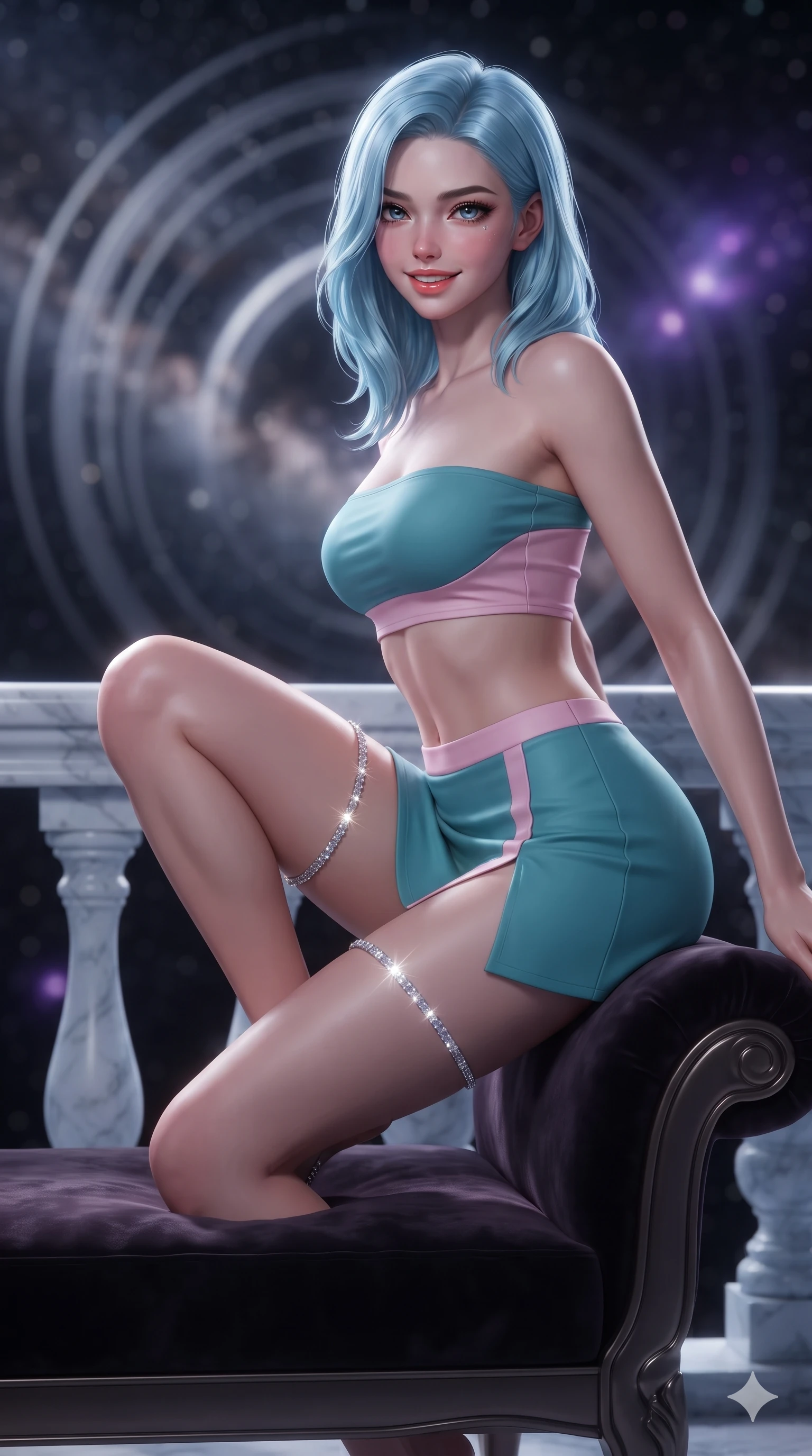 score_9, masterpiece, best quality, ultra-detailed, high-budget anime keyframe, editorial fashion photography, tasteful artistic composition, Korean woman. close-up cowboy shot from the waist and thighs up, the character dominates the composition, filling the frame with her large presence. perched sideways on the lounge seat, one knee drawn up to showcase her slender leg line while her arched back accentuates her feminine hip curve while leaning against the carved marble balustrade with hips cocked back, looking through the deep midnight void at dense star clusters with intoxicating smoldering bedroom-eyes. The background shows a soft-focus concentric levitating platinum rings, dense Milky Way star clouds, and distant purple emission nebulae blurred into diamond, platinum, and sapphire bokeh. She has an exceptionally elegant, slender, and willowy female figure with an ultra-slim waist, flat toned midriff, narrow ribcage, and sculpted feminine hips creating an alluring, slim hourglass silhouette without bulk. sharp v-shaped jawline, high-bridge nose, intricate jewel-like sparkling eyes with depth, thick eyelashes, glossy parted lips with a natural peach sheen, bright cheerful beaming smile with an enchanting and coquettish sensual glint, exuding both youthful cute charm and seductive allure, flawlessly proportioned anatomical accuracy, strict slender model proportions, natural body alignment, perfectly sculpted long slender limbs, ultra-slim waistline, clean dynamic posture without body distortion. wearing an ultra-cropped fitted bandeau top paired with a micro mini tennis skirt revealing her flat toned midriff in subterranean lagoon turquoise and lotus blossom pink, made of fluid liquid jersey with seamless sculpting hold and smooth contours, finished with delicate crystal-encrusted thigh garter straps glinting in the dim light, the high-slit wrap tailoring accentuating her ultra-slim waistline and the enchanting curve of her feminine hips with alluring seductive charm. illuminated by white marble floor bounce and sharp diamond-platinum rim lights defining her razor-sharp jawline, narrow waist, and curvy hips. ultra-reflective glossy finish, specular highlights, rich textural contrasts, high-contrast stereoscopic depth, volumetric dynamic lighting, 2k, ultra detail, master piece, 9:16 ratio