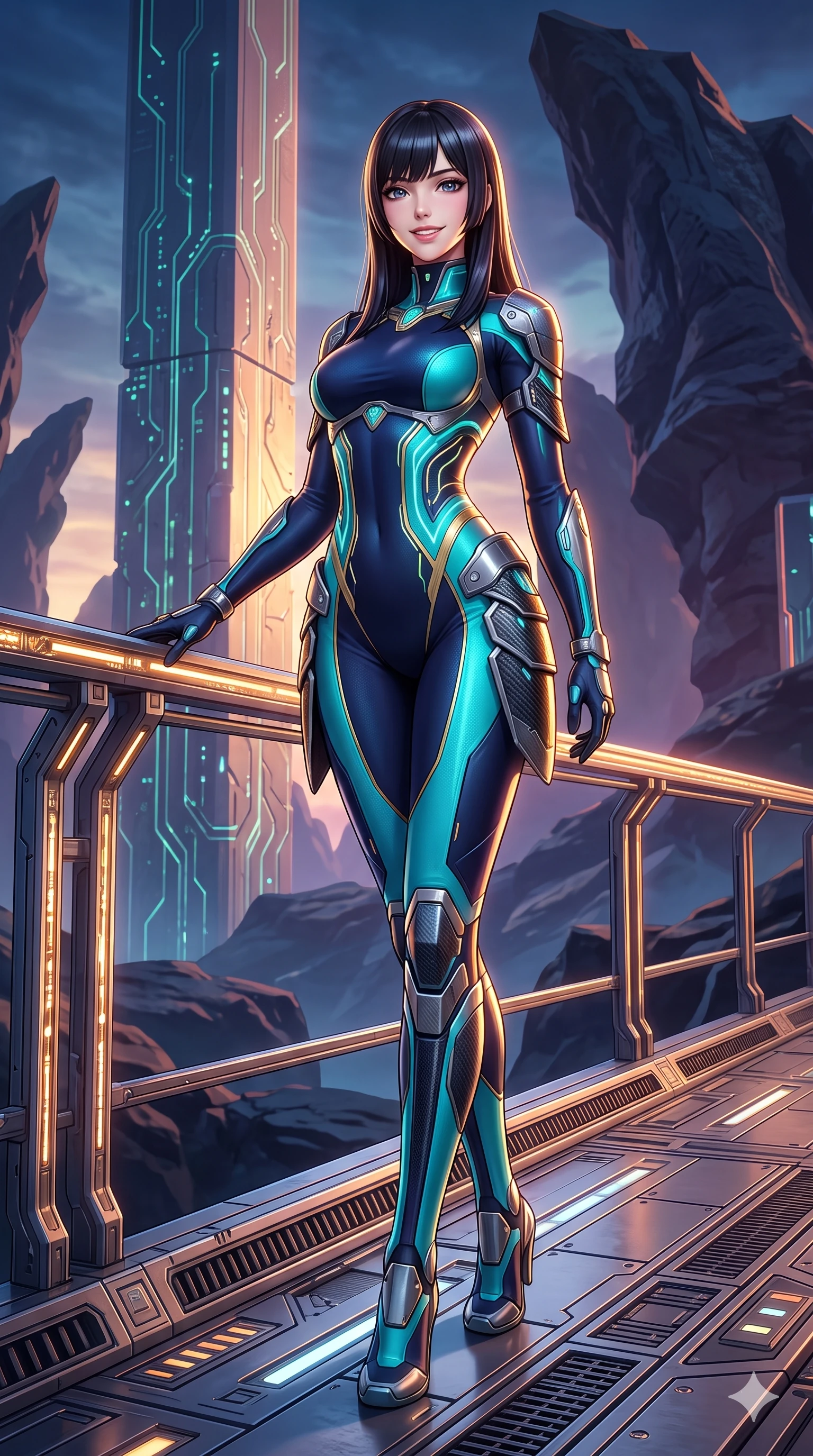 score_9, masterpiece, best quality, ultra-detailed, high-budget anime keyframe, semi-realistic 3D game render, editorial fashion photography, tasteful artistic composition, Caucasian woman. low angle full-body shot from head to toe showing her feet, filling the entire 9:16 vertical frame with her statuesque presence, stretching her vertical silhouette. standing in a tall, confident posture with one hand on a glowing metal railing, stretching her statuesque body as she arches her lower back to emphasize her sculpted feminine hips and slender waist while twisting her slender torso in an alluring contrapposto, dual amber-violet solar rays tracing her narrow waist and curvy hips in sharp contrast. The surrounding environment is rendered in vivid detail and crisp panoramic clarity: intricate cyber-samurai armor plating, sleek carbon weave, and alien geological formations in razor-sharp precision. She has an absolutely perfect, statuesque 8.5-heads proportion, an exceptionally tall and slender model-like female figure with impossibly long slender legs, an ultra-slim waist, a flat toned midriff, narrow delicate ribcage, and beautifully sculpted feminine hips creating a graceful, slim hourglass silhouette without any bulky heaviness. sharp v-shaped jawline, high-bridge nose, intricate jewel-like sparkling eyes with depth, thick eyelashes, glossy parted lips with a natural sheen, bright confident smile with an enchanting and coquettish sensual glint, exuding both youthful magnetic charm and sovereign high-tech allure, flawlessly proportioned anatomical accuracy, strict slender model proportions, natural body alignment, perfectly sculpted long slender limbs, ultra-slim waistline, clean dynamic posture without body distortion. wearing a glove-like stretch lambskin cyber-sheath dress accentuating her ultra-slim waistline without bulk in deep space navy and laser turquoise, formed from supple thermal silicone composite adhering seamlessly like a second skin, accented with illuminated micro-fiber optic circuit threads tracing along her ribs and spine, the impeccably tailored cut draping gracefully along her slender figure with aristocratic poise. illuminated by glowing monolith circuit veins and sharp golden-amber rim lights sculpting her razor-sharp jawline, narrow waist, and curvy hips. highly saturated vibrant anime colors, detailed shading with soft gradients, rich glossy textures, high-contrast stereoscopic depth, volumetric dynamic lighting, master piece, 9:16 ratio