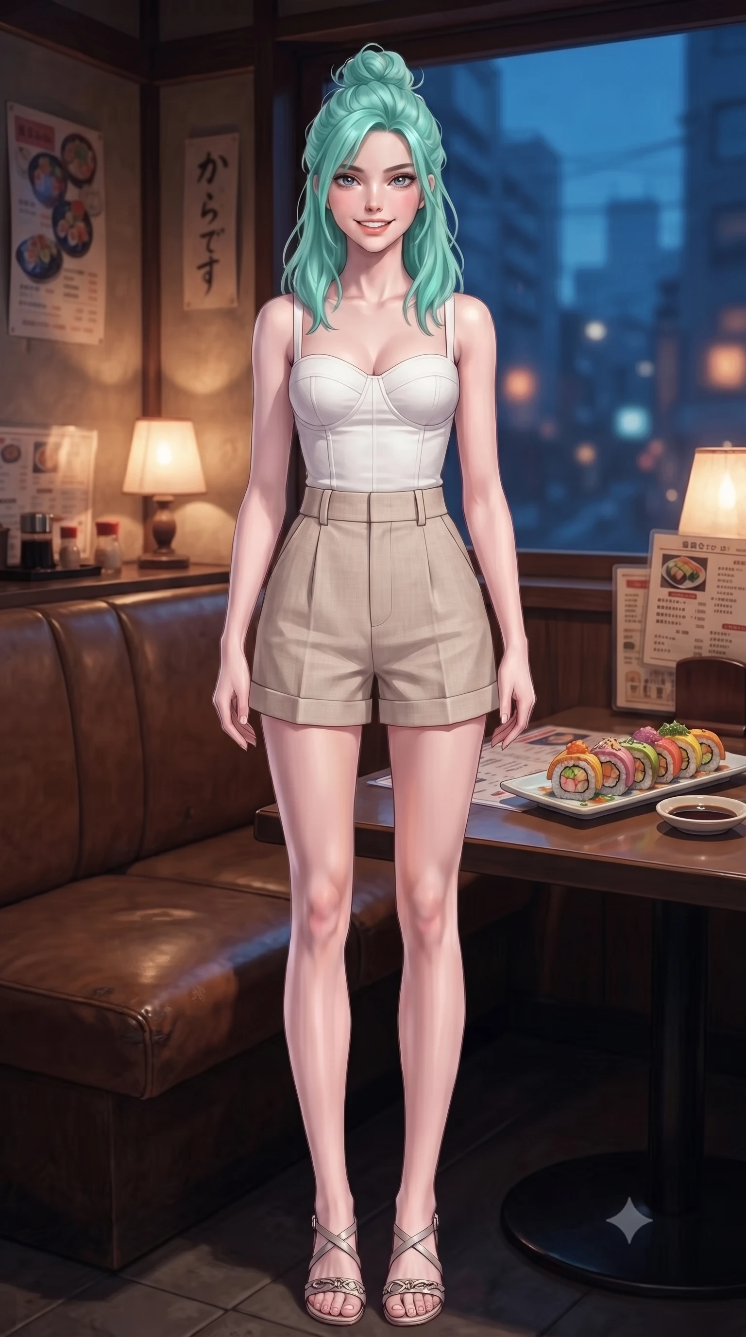score_9, masterpiece, best quality, ultra-detailed, high-budget anime keyframe, editorial fashion photography, tasteful artistic composition, Japanese woman. low angle full-body shot from head to toe showing her feet, filling the entire 9:16 vertical frame with her statuesque presence, stretching her vertical silhouette. standing with a cute, bright pose, tilting her head with a beaming smile set against a soft-focus background of in a cozy traditional diner corner with leather booths and vintage menus with a plate of colorful sushi rolls and a small dish of soy sauce on the table. She has an absolutely perfect, statuesque 8.5-heads proportion, an exceptionally tall and slender model-like female figure with impossibly long slender legs and an ultra-slim waist. sharp v-shaped jawline, high-bridge nose, intricate jewel-like eyes with depth, thick eyelashes, glossy lips with a natural sheen. wearing slim-fit tailored cotton bustier top paired with high-waist tailored shorts. soft candle light clashing with the cool blue city twilight sky outside. ultra-reflective glossy finish, specular highlights, metallic sheen, high-contrast stereoscopic depth, volumetric dynamic lighting, 2k, ultra detail, master piece, 9:16 ratio