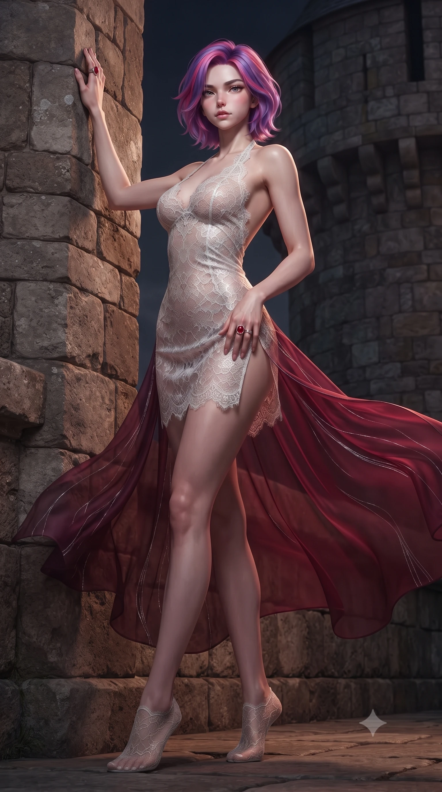 score_9, masterpiece, best quality, ultra-detailed, high-budget anime keyframe, editorial fashion photography, tasteful artistic composition, Caucasian woman. low angle full-body shot from head to toe showing her feet, filling the entire 9:16 vertical frame with her statuesque presence, stretching her vertical silhouette. standing tall beside the architectural column, one hand resting high while arching her lower back to emphasize her sculpted feminine hips and slender waist while twisting her slender torso in an alluring contrapposto stance, night winds billowing her sheer silk train around her long slender legs and curvy hips. The surrounding environment is rendered in vivid detail and crisp panoramic clarity: detailed lace corset bodice texture, ruby ring gleam, and medieval fortification masonry in razor-sharp precision. She has an absolutely perfect, statuesque 8.5-heads proportion, an exceptionally tall and slender model-like female figure with impossibly long slender legs, an ultra-slim waist, a flat toned midriff, narrow delicate ribcage, and beautifully sculpted feminine hips creating a graceful, slim hourglass silhouette without any bulky heaviness. sharp v-shaped jawline, high-bridge nose, sparkling eyes with hypnotic seductive depth, thick curled eyelashes, glossy parted lips with a natural dewy peach sheen, alluring bedroom-eyes with an enchanting coquettish smile, exuding magnetic siren charisma and sophisticated glamour, flawlessly proportioned anatomical accuracy, strict slender model proportions, natural body alignment, perfectly sculpted long slender limbs, ultra-slim waistline, clean dynamic posture without body distortion. wearing a slinky backless halterneck column mini dress clinging like a second skin with deep geometric side slits in pure pearl alabaster with liquid platinum sheen, made of delicate semi-sheer French Chantilly lace with intricate eyelash edges, finished with scalloped eyelash lace trim framing her sweetheart neckline with intimate elegance, the form-contouring silhouette accentuating her sculpted flat midriff, narrow delicate ribcage, and gracefully curvy hips with intoxicating allure. illuminated by stone parapet reflection fill and sharp deep-crimson rim lights sculpting her jawline, flat midriff, and curvy hips. ultra-reflective glossy finish, specular highlights, rich textural contrasts, high-contrast stereoscopic depth, volumetric dynamic lighting, 2k, ultra detail, master piece, 9:16 ratio