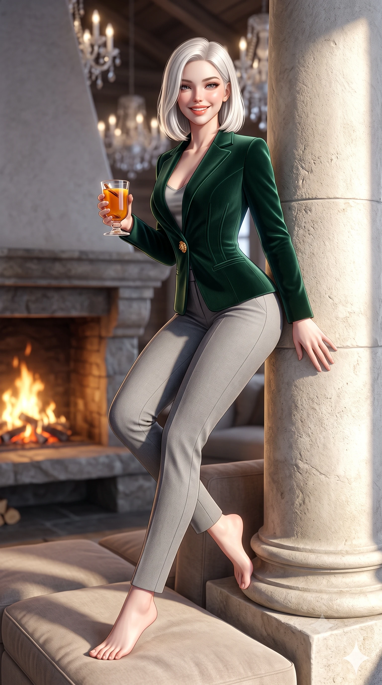 score_9, masterpiece, best quality, ultra-detailed, high-budget anime keyframe, semi-realistic 3D game render, editorial fashion photography, tasteful artistic composition, Korean woman. low angle full-body shot from head to toe showing her feet, filling the entire 9:16 vertical frame with her statuesque presence, stretching her vertical silhouette. leaning lightly against the sunlit architectural column with hips cocked back, flashing a warm, alluring, confident smile while sitting gracefully on an oversized cashmere-upholstered banquette near the stone hearth, holding a glass of spiced cider with cozy luxury charm. The background shows a soft-focus crackling pinewood fire and crystal chandeliers softened in ultra-luxury Engadin winter sanctuary shallow focus. She has an exceptionally tall and slender model-like 8.5-heads proportion, an ultra-slim waist, a flat toned midriff, narrow delicate ribcage, and beautifully sculpted feminine hips creating a graceful, slim hourglass silhouette without any bulky heaviness, with impossibly long slender legs. sharp v-shaped jawline, high-bridge nose, intricate jewel-like sparkling eyes with depth, thick eyelashes, glossy parted lips with a natural peach sheen, bright cheerful beaming smile with an enchanting and coquettish sensual glint, exuding both youthful cute charm and seductive allure, flawlessly proportioned anatomical accuracy, strict slender model proportions, natural body alignment, perfectly sculpted long slender limbs, ultra-slim waistline, clean dynamic posture without body distortion. wearing a tailored corseted velvet blazer jacket worn closed over a tight-fitting silk camisole and sleek tailored cigarette pants in St. Moritz pine forest emerald and heather grey, tailored from form-contouring ribbed merino wool hugging her torso like a second skin, accented with an ornate 24k gold lion-embossed crest button along the snug front closure, the form-contouring silhouette accentuating her sculpted flat midriff, narrow delicate ribcage, and gracefully curvy hips with intoxicating allure. illuminated by brilliant snow reflection fill and sharp ice-crystal rim lights defining her razor-sharp jawline and tall slender frame. highly saturated vibrant anime colors, detailed shading with soft gradients, rich glossy textures, high-contrast stereoscopic depth, volumetric dynamic lighting, master piece, 9:16 ratio