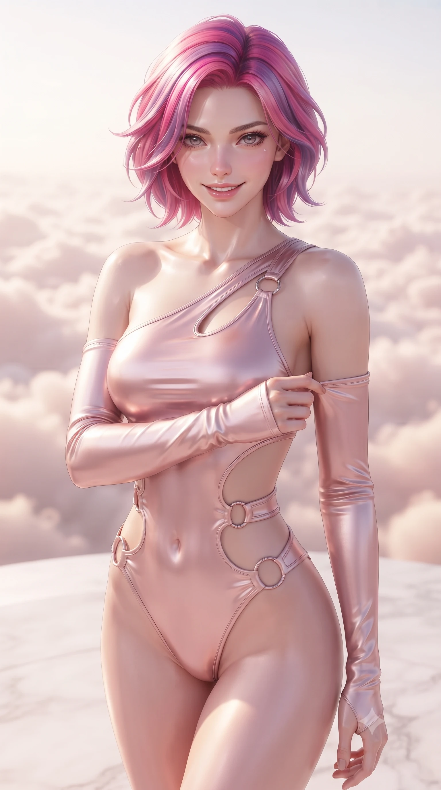 score_9, masterpiece, best quality, ultra-detailed, high-budget anime keyframe, editorial fashion photography, tasteful artistic composition, Caucasian woman. close-up cowboy shot from the waist and thighs up, the character dominates the composition, filling the frame with her large presence, background elements kept in soft focus. Smiling with quiet, magnetic self-assurance directly into the camera, standing on a white marble terrace floating high above a sea of rose-gold cloud waves, endless atmospheric depth with layered clouds fading into golden distance. She has an exceptionally elegant, slender, and willowy female figure with an ultra-slim waist, a gracefully sculpted slender torso, and a refined silhouette. sharp v-shaped jawline, high-bridge nose, intricate jewel-like eyes with depth, thick eyelashes, glossy lips with a natural sheen. wearing asymmetric high-cut cyber-bodysuit with detached sleeves in pearl white in rose-gold pink, made of liquid mercury jersey, trimmed with rose-gold ring hardware along the waist contours, highlighting her statuesque proportions and ultra-slim waistline. lit by clear sun-drenched sky light with soft ethereal shadows. ultra-reflective glossy finish, specular highlights, metallic sheen, high-contrast stereoscopic depth, volumetric dynamic lighting, 2k, ultra detail, master piece, 9:16 ratio