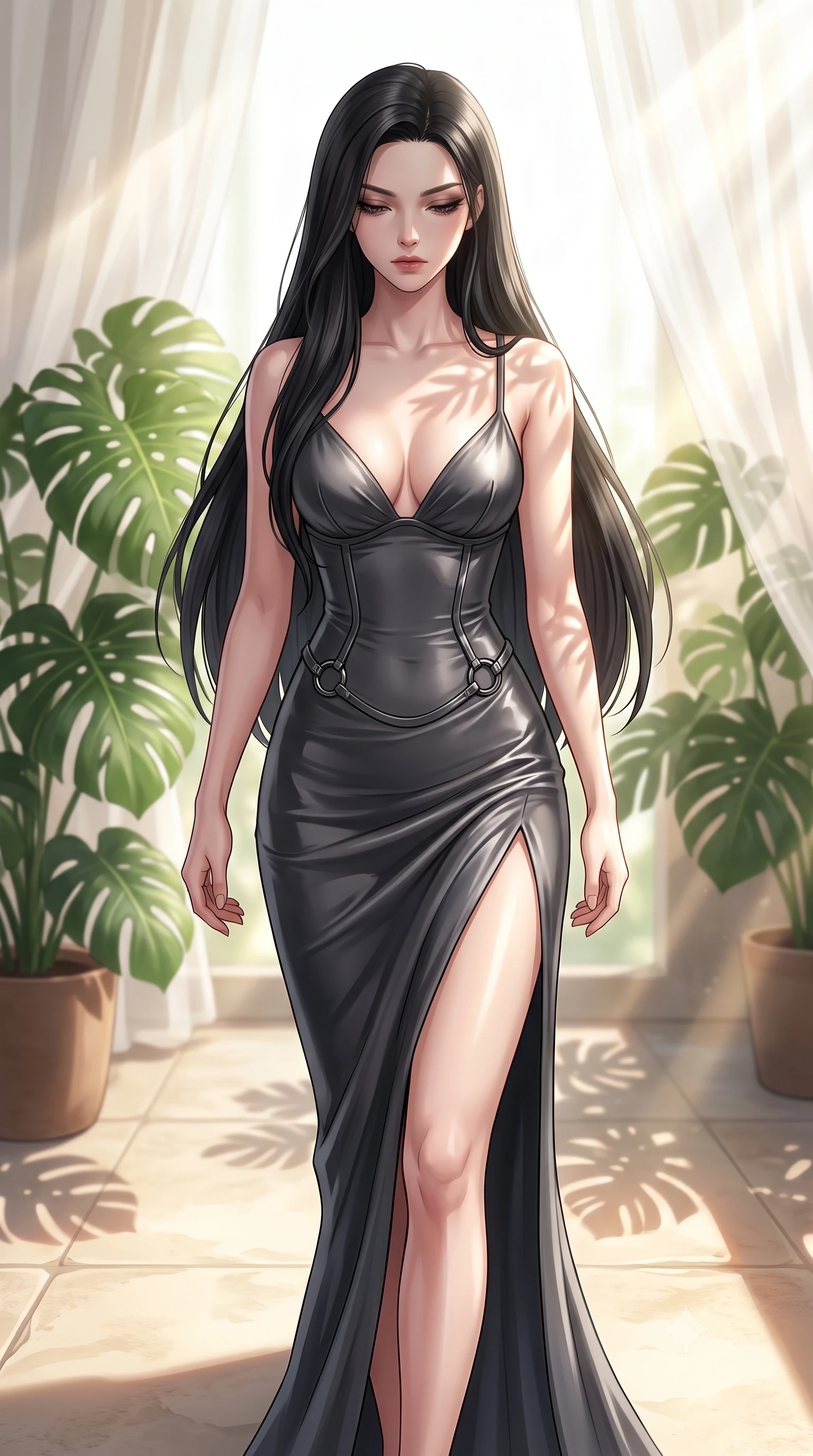 score_9, masterpiece, best quality, ultra-detailed, high-budget anime keyframe, editorial fashion photography, tasteful artistic composition, Korean woman. close-up cowboy shot from the waist and thighs up, the character dominates the composition, filling the frame with her large presence, background elements kept in soft focus. Looking down with lowered lashes and a composed, powerful dark aura, walking across a warm limestone terrace surrounded by potted tropical monstera leaves, intense volumetric sunbeams filtering through sheer linen casting soft leaf stencil shadows. She has an exceptionally elegant, slender, and willowy female figure with an ultra-slim waist, a gracefully sculpted slender torso, and a refined silhouette. sharp v-shaped jawline, high-bridge nose, intricate jewel-like eyes with depth, thick eyelashes, glossy lips with a natural sheen. wearing low-cut gothic structured bodice gown with high leg slit in dark charcoal gray, made of liquid dark mercury jersey, trimmed with dark chrome ring hardware along the waist contours, sculpting her athletic slender build with refined precision. surrounded by a radiant sun-drenched ambiance with brilliant white highlights. highly saturated vibrant anime colors, detailed shading with soft gradients, rich glossy textures, high-contrast stereoscopic depth, volumetric dynamic lighting, master piece, 9:16 ratio