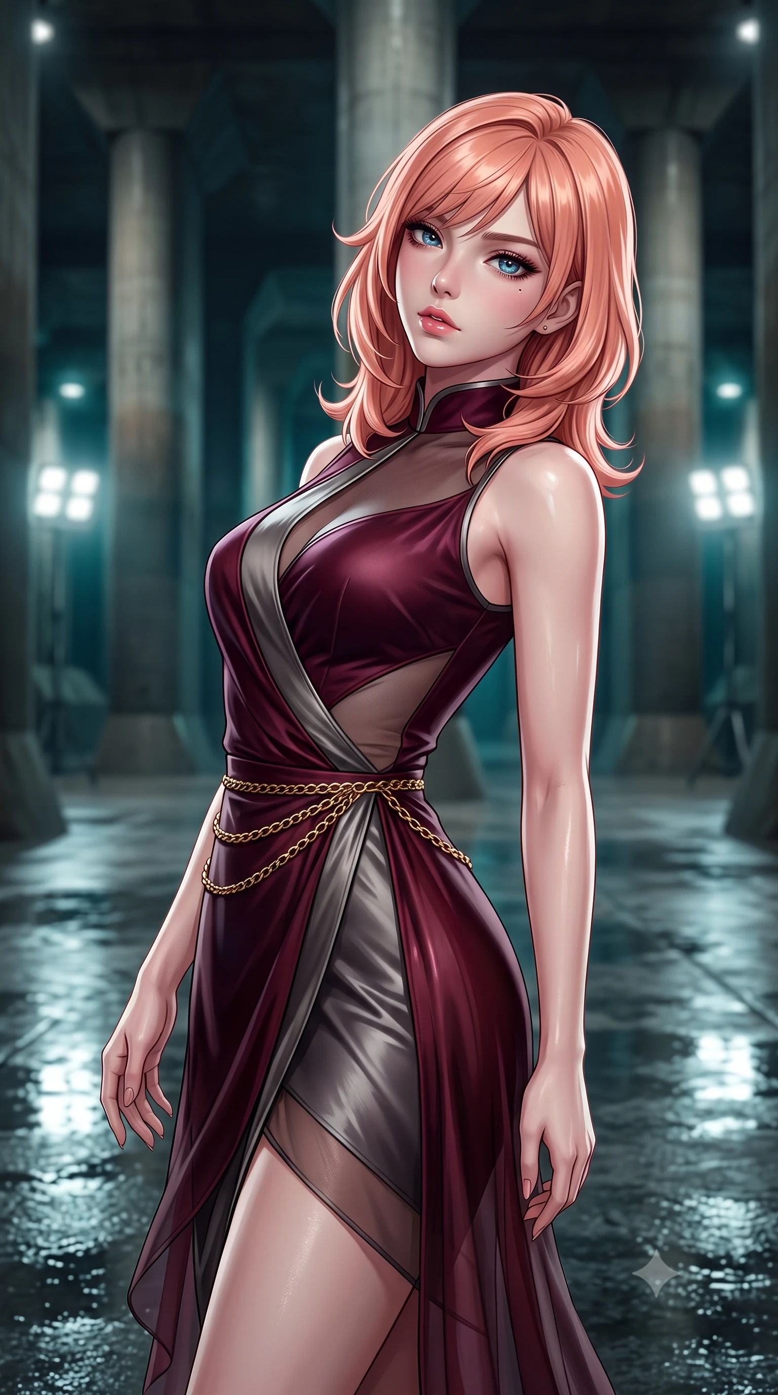 score_9, masterpiece, best quality, ultra-detailed, high-budget anime keyframe, semi-realistic 3D game render, editorial fashion photography, tasteful artistic composition, Japanese woman. close-up cowboy shot from the waist and thighs up, the character dominates the composition, filling the frame with her large presence. leaning back with relaxed seductive grace, her sculpted collarbones and narrow waist highlighted as she casts smoldering bedroom-eyes directly into the camera while standing on the vast wet concrete floor between monumental 20-meter high pillars resembling a subterranean temple, arching her back with high-fashion sovereign poise. The composition keeps background elements in soft focus with creamy bokeh. endless rows of colossal architectural concrete pillars and industrial floodlights blurred into cool teal, tungsten, and dark obsidian bokeh. She has an exceptionally elegant, slender, and willowy female figure with an ultra-slim waist, flat toned midriff, narrow ribcage, and sculpted feminine hips creating an alluring, slim hourglass silhouette without bulk. sharp v-shaped jawline, high-bridge nose, intricate jewel-like eyes with depth, thick eyelashes, glossy parted lips with a natural sheen, intensely captivating and seductive bedroom-eyes expression, flawlessly proportioned anatomical accuracy, strict slender model proportions, natural body alignment, perfectly sculpted long slender limbs, ultra-slim waistline, clean dynamic posture without body distortion. wearing a wet-look silk fusion wrap dress with asymmetrical sheer mesh cutouts and high Mandarin collar in deep wine burgundy and brushed dark platinum, woven from layered gossamer chiffon with a weightless sweeping drape, accented with a delicate gold chain belt resting loosely on her curvy hips, the liquid-tight tailored fabric clinging flawlessly to her narrow waist and rounded feminine hips, emphasizing every millimeter of her sculpted slim hourglass curves without any bulky heaviness. illuminated by wet floor specular reflections sharply carving her razor-sharp jawline, narrow waist, and curvy hips. highly saturated vibrant anime colors, detailed shading with soft gradients, rich glossy textures, high-contrast stereoscopic depth, volumetric dynamic lighting, master piece, 9:16 ratio