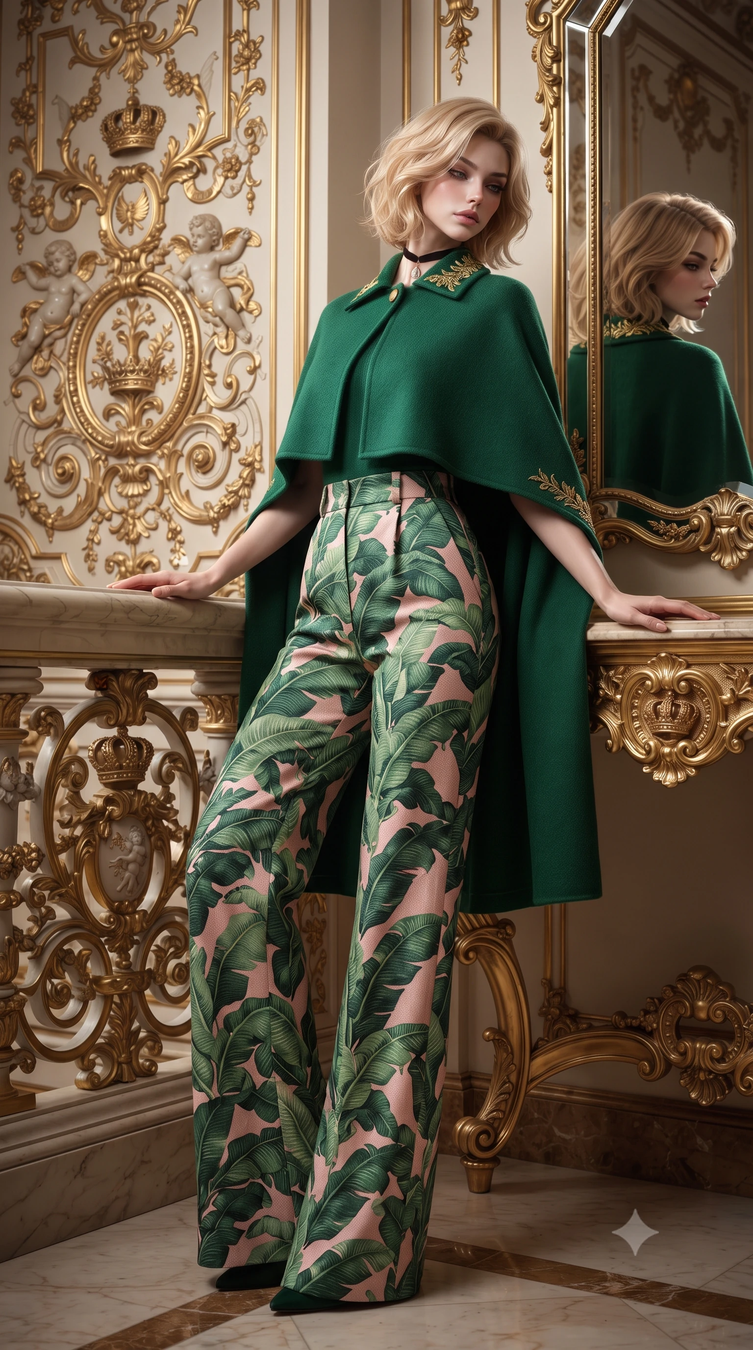 score_9, masterpiece, best quality, ultra-detailed, high-budget anime keyframe, editorial fashion photography, tasteful artistic composition, Caucasian woman. close-up cowboy shot from the waist and thighs up, the character dominates the composition, filling the frame with her large presence. leaning back against the balustrade with relaxed seductive grace, head tilted back slightly while casting a hypnotic, heavy-lidded gaze while leaning against the gilded Baroque console table with hips cocked back, looking into the bevelled antique mirror with smoldering bedroom-eyes. The surrounding environment is rendered in vivid detail and crisp panoramic clarity: detailed fabric weave, gold embroidery accents, and Austrian imperial architectural relief in razor-sharp precision. She has an exceptionally elegant, slender, and willowy female figure with an ultra-slim waist, flat toned midriff, narrow ribcage, and sculpted feminine hips creating an alluring, slim hourglass silhouette without bulk. sharp v-shaped jawline, high-bridge nose, intricate jewel-like sparkling eyes with depth, thick eyelashes, glossy parted lips with a natural peach sheen, bright cheerful beaming smile with an enchanting and coquettish sensual glint, exuding both youthful cute charm and seductive allure, flawlessly proportioned anatomical accuracy, strict slender model proportions, natural body alignment, perfectly sculpted long slender limbs, ultra-slim waistline, clean dynamic posture without body distortion. wearing a bespoke high-neck cashmere knit cape coat paired with tailored wide-leg wool trousers in Beverly Hills vintage banana-leaf emerald and blush pink, woven from structured British tweed with subtle metallic flecks, finished with a thin velvet ribbon choker and a single teardrop diamond pendant, the impeccably tailored cut draping gracefully along her slender figure with aristocratic poise. illuminated by marble floor reflection bounce and sharp champagne-gold rim lights sculpting her razor-sharp jawline, narrow waist, and curvy hips. ultra-reflective glossy finish, specular highlights, rich textural contrasts, high-contrast stereoscopic depth, volumetric dynamic lighting, 2k, ultra detail, master piece, 9:16 ratio