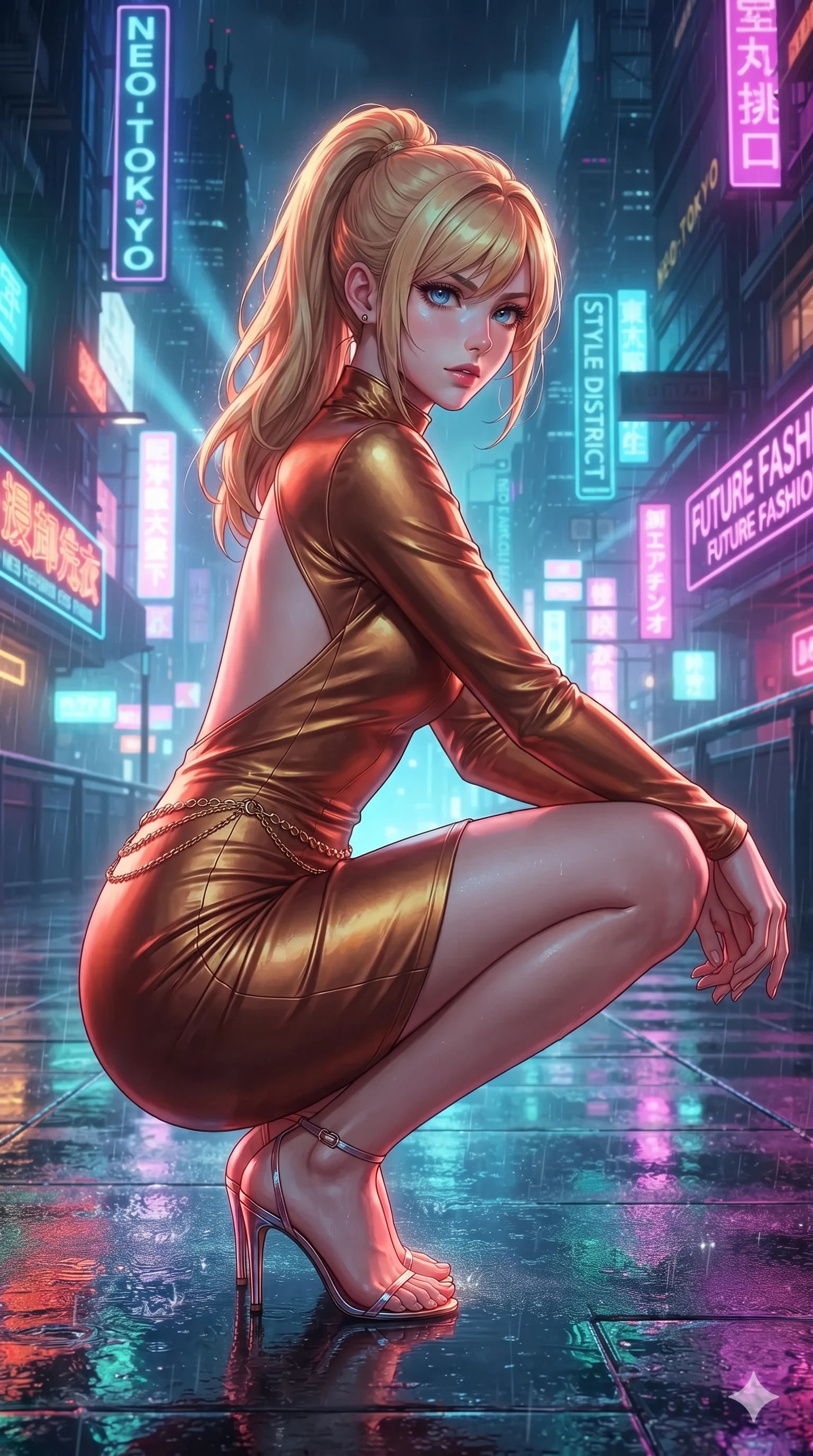 score_9, masterpiece, best quality, ultra-detailed, high-budget anime keyframe, editorial fashion photography, tasteful artistic composition, Caucasian woman. low angle full-body shot from head to toe showing her feet, filling the entire 9:16 vertical frame with her statuesque presence, stretching her vertical silhouette. reclining gracefully across the plush chaise lounge with one leg extended, her sculpted silhouette and flat midriff radiating magnetic nocturnal glamour while crouching gracefully on the rain-slicked esplanade deck, glancing back with smoldering bedroom-eyes as neon reflections wash over her dress. The surrounding environment is rendered in vivid detail and crisp panoramic clarity: detailed wet-look silk wrap tailoring, fine mesh cutouts, and futuristic esplanade architecture in razor-sharp clarity. She has an exceptionally tall and slender model-like 8.5-heads proportion, an ultra-slim waist, a flat toned midriff, narrow delicate ribcage, and beautifully sculpted feminine hips creating a graceful, slim hourglass silhouette without any bulky heaviness, with impossibly long slender legs. sharp v-shaped jawline, high-bridge nose, intricate jewel-like sparkling eyes with depth, thick eyelashes, glossy parted lips with a natural sheen, intensely captivating and seductive bedroom-eyes expression, exuding both youthful cute charm and sovereign luxury allure, flawlessly proportioned anatomical accuracy, strict slender model proportions, natural body alignment, perfectly sculpted long slender limbs, ultra-slim waistline, clean dynamic posture without body distortion. wearing a form-fitting liquid mercury jersey evening dress clinging smoothly to her narrow waist and rounded hips in rich copper bronze and warm amber, woven from buttery-soft stretch lambskin leather adhering to her body like a second skin, accented with a delicate gold chain belt resting loosely on her curvy hips, the glove-like clinging cut tightly following the natural contour of her hips and long slender legs with youthful 8.5-heads elegance. bathed in the intense, high-saturation glow of multi-colored neon signage reflecting off wet surfaces. ultra-reflective glossy finish, specular highlights, rich textural contrasts, high-contrast stereoscopic depth, volumetric dynamic lighting, 2k, ultra detail, master piece, 9:16 ratio