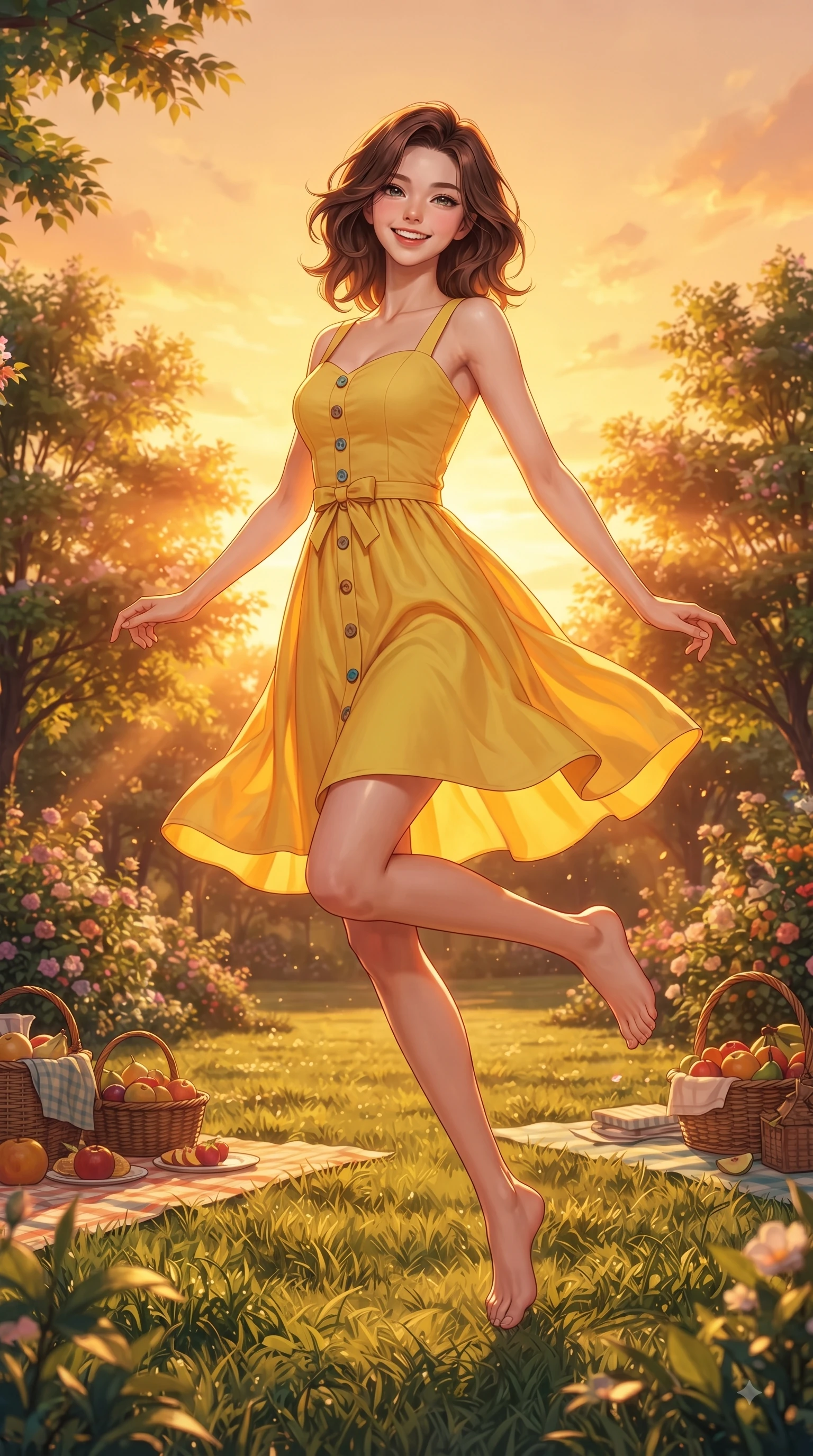 score_9, masterpiece, best quality, ultra-detailed, high-budget anime keyframe, editorial fashion photography, tasteful artistic composition, Korean woman. low angle full-body shot from head to toe showing her feet, filling the entire 9:16 vertical frame with her statuesque presence, stretching her vertical silhouette. leaping with pure youthful energy through the scene with a radiant bright smile, her long slender legs balanced gracefully while resting on her knees on the lush grass with a joyful, beaming expression as warm sunset light warms her face. The surrounding environment is rendered in vivid detail and crisp panoramic clarity. lush picnic mat arrangements, fresh fruit baskets, and detailed park foliage rendered in deep focus. She has an absolutely perfect, statuesque 8.5-heads proportion, an exceptionally tall and slender model-like female figure with impossibly long slender legs and an ultra-slim waist. sharp v-shaped jawline, high-bridge nose, intricate jewel-like eyes with depth, thick eyelashes, glossy lips with a natural sheen, flawlessly proportioned anatomical accuracy, natural body alignment, perfectly sculpted elegant limbs, clean dynamic posture without body distortion. wearing a sunny yellow cotton sundress with a sweetheart neckline and wooden button accents in ocean turquoise and sea-salt white, tailored from crisp cotton poplin, accented with a dainty waist ribbon bow, the soft airy drape swaying gracefully with her dynamic movements. bathed in glorious golden hour sunset sunbeams and warm amber sky radiance. ultra-reflective glossy finish, specular highlights, metallic sheen, high-contrast stereoscopic depth, volumetric dynamic lighting, 2k, ultra detail, master piece, 9:16 ratio