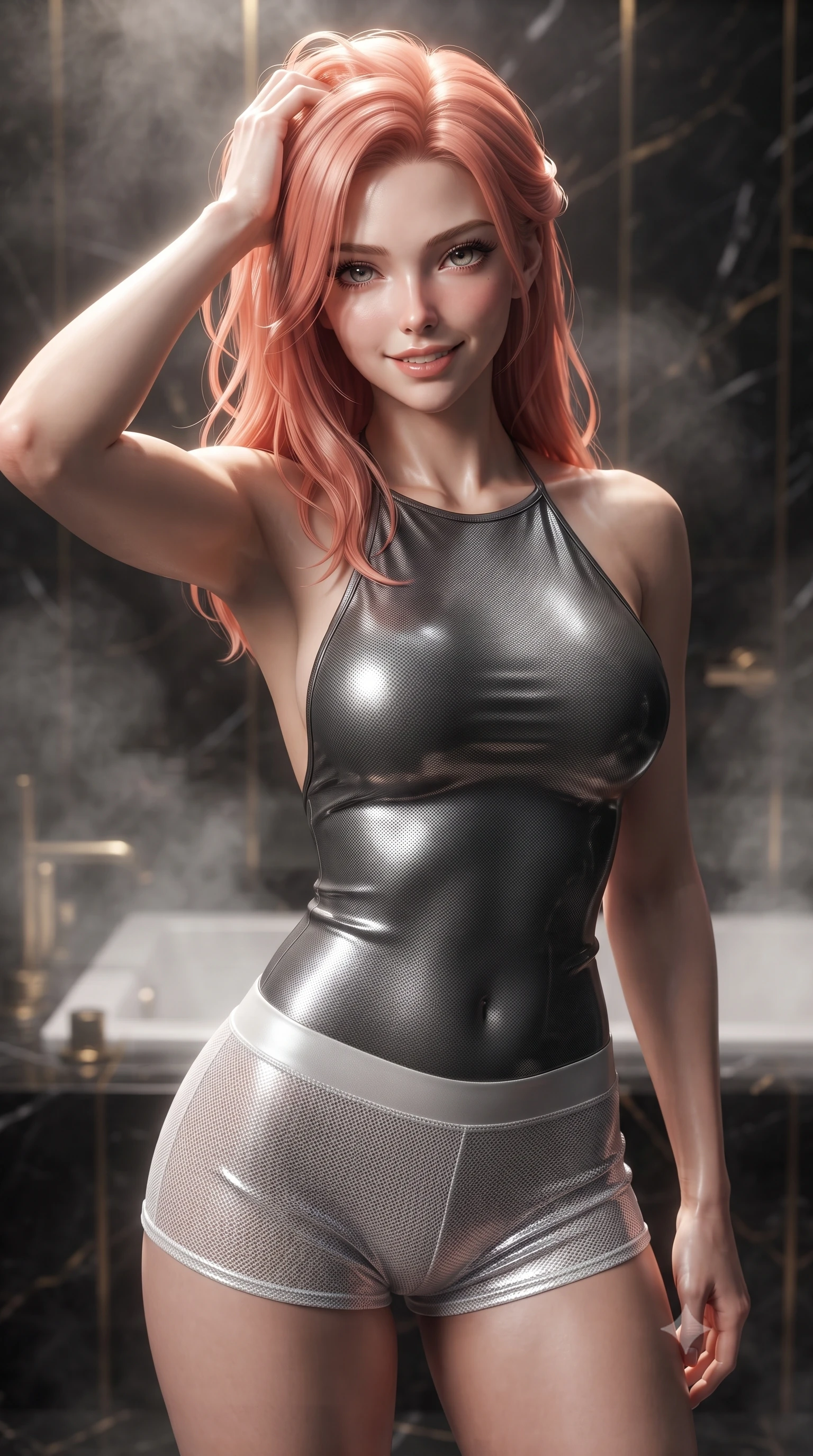score_9, masterpiece, best quality, ultra-detailed, high-budget anime keyframe, editorial fashion photography, tasteful artistic composition, Japanese woman. close-up cowboy shot from the waist and thighs up, the character dominates the composition, filling the frame with her large presence, background elements kept in soft focus. slowly running a hand through her hair, smiling with quiet, magnetic self-assurance directly into the camera, the background shows a soft-focus a steamy private bath chamber built of dark obsidian stone with gold accents. She has an exceptionally elegant, slender, and willowy female figure with an ultra-slim waist, a gracefully sculpted slender torso, and a refined silhouette. sharp v-shaped jawline, high-bridge nose, intricate jewel-like eyes with depth, thick eyelashes, glossy lips with a natural sheen. wearing a form-contouring backless combat halter top in charcoal grey, paired with white carbon-mesh micro-shorts. dramatic chiaroscuro lighting focusing on her athletic, slender build. ultra-reflective glossy finish, specular highlights, metallic sheen, high-contrast stereoscopic depth, volumetric dynamic lighting, 2k, ultra detail, master piece, 9:16 ratio