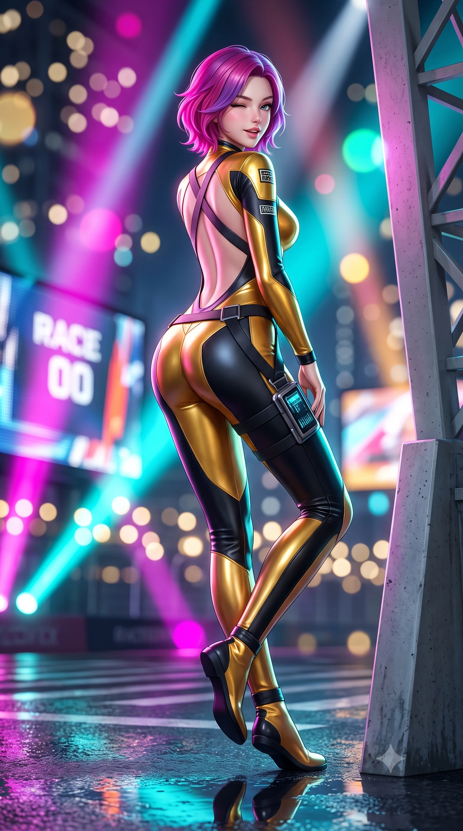 score_9, masterpiece, best quality, ultra-detailed, high-budget anime keyframe, semi-realistic 3D game render, editorial fashion photography, tasteful artistic composition, Caucasian woman. low angle full-body shot from head to toe showing her feet, filling the entire 9:16 vertical frame with her statuesque presence, stretching her vertical silhouette. leaning deep against the structural architecture with hips cocked in an unapologetically bold, seductive high-fashion stance while pivoting sharply with supermodel momentum on the wet tarmac, a playful wink breaking across her radiant face. The composition keeps background elements in soft focus with creamy bokeh. giant LED jumbotron race countdown graphics and sweeping searchlights blurred into electric magenta, turquoise, and gold bokeh. She has an absolutely perfect, statuesque 8.5-heads proportion, an exceptionally tall and slender model-like female figure with impossibly long slender legs, a toned flat midriff, and an ultra-slim waist. sharp v-shaped jawline, high-bridge nose, intricate jewel-like eyes with depth, thick eyelashes, glossy parted lips with a natural sheen, intensely captivating and seductive expression, flawlessly proportioned anatomical accuracy, strict slender model proportions, natural body alignment, perfectly sculpted long slender limbs, ultra-slim waistline, clean dynamic posture without body distortion. wearing a daring open-back racing jumpsuit with crossed elastic suspension straps and form-hugging fit in metallic liquid gold and obsidian black, crafted from flexible ballistic matte leather and aerodynamic stretch neoprene, equipped with a sleek thigh-mounted telemetry display and tactical harness, the athletic second-skin cut highlighting her toned flat midriff and slender model proportions during dynamic action. bathed in dynamic color-shifting LED race lights and sweeping white spotlight fill. highly saturated vibrant anime colors, detailed shading with soft gradients, rich glossy textures, high-contrast stereoscopic depth, volumetric dynamic lighting, master piece, 9:16 ratio