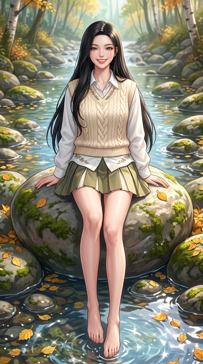 score_9, masterpiece, best quality, ultra-detailed, high-budget anime keyframe, semi-realistic 3D game render, editorial fashion photography, tasteful artistic composition, Korean woman. low angle full-body shot from head to toe showing her feet, fil