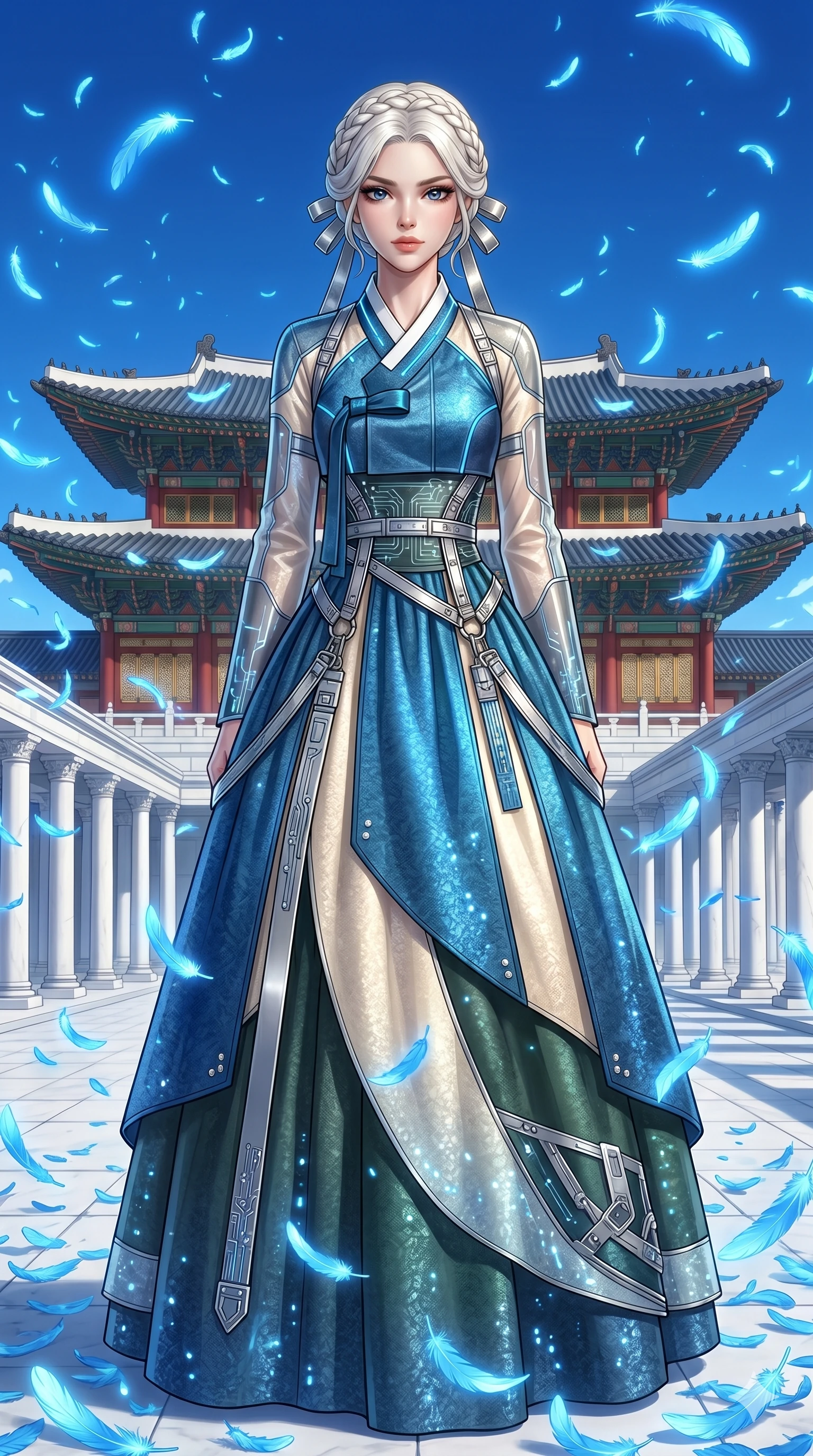 score_9, masterpiece, best quality, ultra-detailed, High-budget Anime Keyframe, beautiful Korean anime girl. Upper body close-up from the thighs up, character filling the screen for maximum presence. Standing in a rain of blue feathers in a white marble courtyard under a clear sapphire sky. She has an absolutely perfect 8-heads proportion, an exceptionally tall and slender female figure with impossibly long slender legs and an ultra-slim waist. Sharp v-shaped jawline, high-bridge nose, intricate jewel-like eyes with depth, thick eyelashes, glossy lips with a natural sheen. Wearing a Modern Traditional outfit: fusion tech-hanbok with transparent panels and metallic silver straps. Background is a bright and colorful palace with white columns and thousands of glowing blue feathers. 2k, ultra detail, master piece, 9:16 ratio