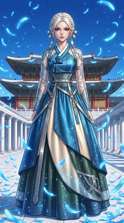 score_9, masterpiece, best quality, ultra-detailed, High-budget Anime Keyframe, beautiful Korean anime girl. Upper body close-up from the thighs up, character filling the screen for maximum presence. Standing in a rain of blue feathers in a white mar