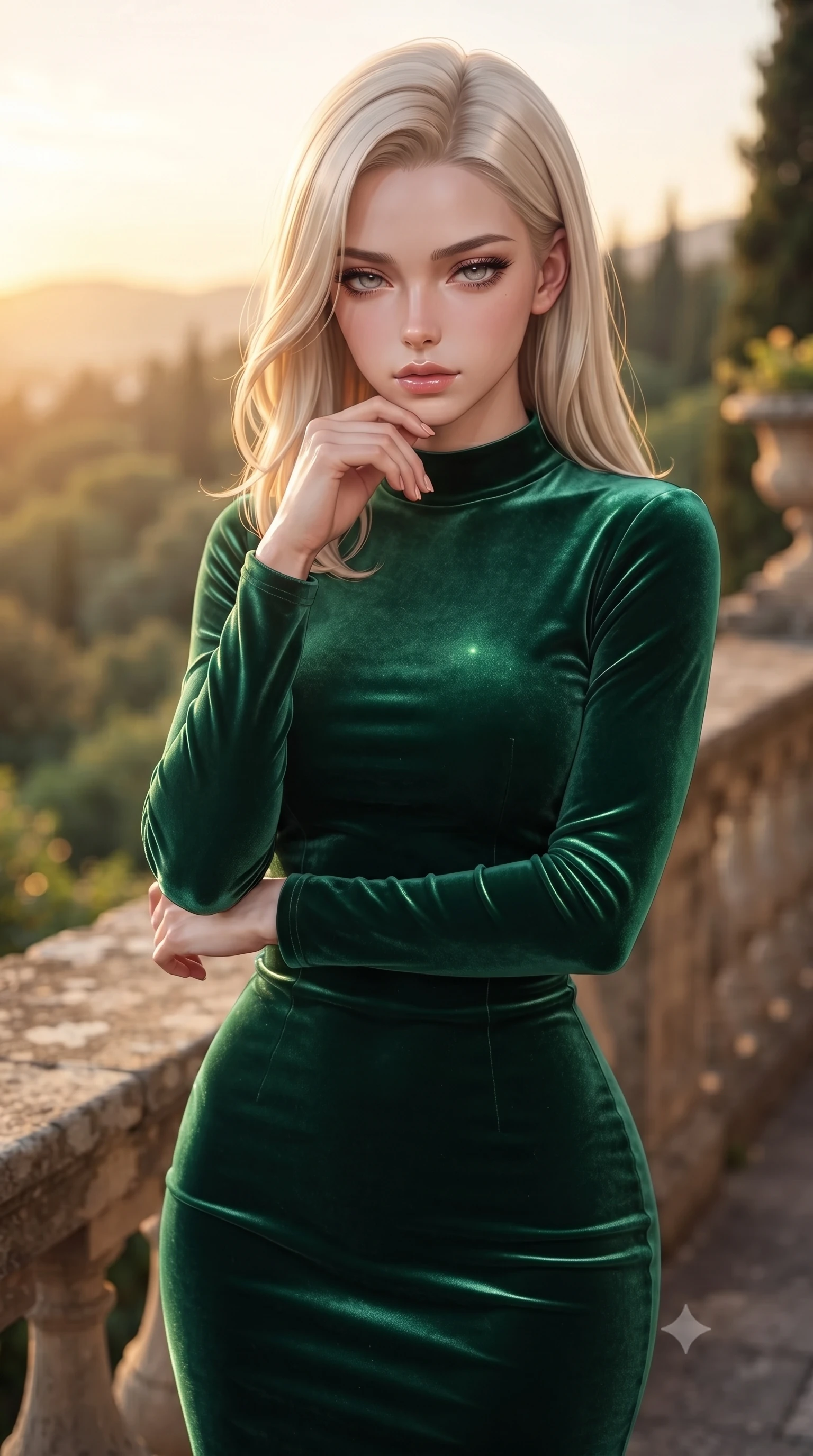 score_9, masterpiece, best quality, ultra-detailed, high-budget anime keyframe, editorial fashion photography, tasteful artistic composition, Caucasian woman. close-up cowboy shot from the waist and thighs up, the character dominates the composition, filling the frame with her large presence, background elements kept in soft focus. resting her chin on the backs of her fingers, casting a heavy-lidded, sultry look past the camera the background shows a soft-focus a historic estate balustrade terrace looking down at a botanical valley at sunset. She has an exceptionally elegant, slender, and willowy female figure with an ultra-slim waist, a gracefully sculpted slender torso, and a refined silhouette. sharp v-shaped jawline, high-bridge nose, intricate jewel-like eyes with depth, thick eyelashes, glossy lips with a natural sheen. wearing a form-contouring body-hugging emerald green velvet dress with a simple mock-neck collar. late afternoon sun casting a majestic golden glow over the stone walls. ultra-reflective glossy finish, specular highlights, metallic sheen, high-contrast stereoscopic depth, volumetric dynamic lighting, 2k, ultra detail, master piece, 9:16 ratio