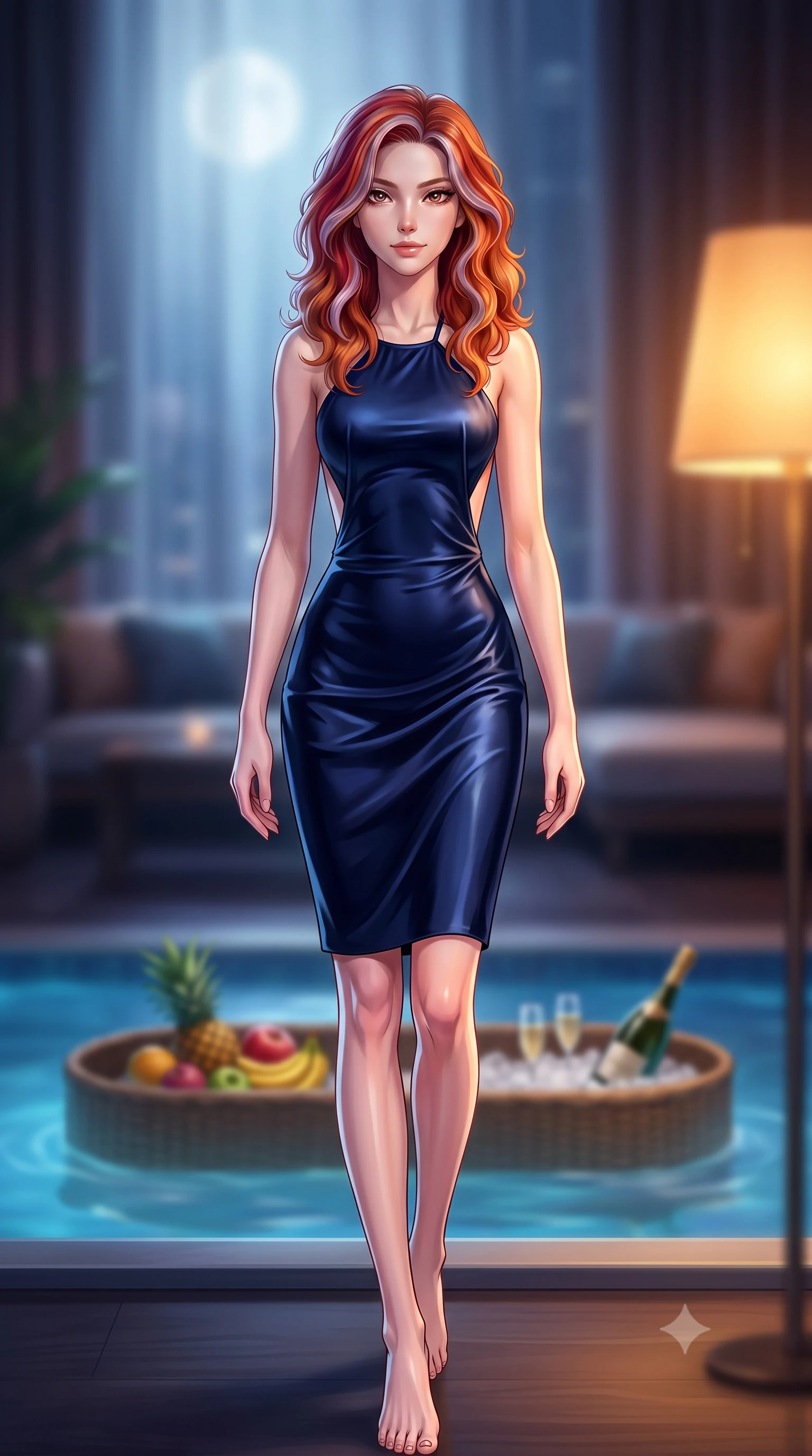 score_9, masterpiece, best quality, ultra-detailed, high-budget anime keyframe, editorial fashion photography, tasteful artistic composition, Caucasian woman. low angle full-body shot from head to toe showing her feet, filling the entire 9:16 vertical frame with her statuesque presence, stretching her vertical silhouette. striding forward with quiet confidence and a smoldering half-smile, holding intense eye contact with the viewer set against a soft-focus background of inside an exclusive cocktail lounge with a floating pool tray of tropical fruits and chilled wine in soft focus. She has an absolutely perfect, statuesque 8.5-heads proportion, an exceptionally tall and slender model-like female figure with impossibly long slender legs and an ultra-slim waist. sharp v-shaped jawline, high-bridge nose, intricate jewel-like eyes with depth, thick eyelashes, glossy lips with a natural sheen. wearing form-contouring midnight navy liquid satin backless linen halter dress featuring delicate straps and a draped open-back design featuring refined tailored seams. illuminated by soft silver moonlight contrasting with the warm amber glow of a nearby lamp. highly saturated vibrant anime colors, detailed shading with soft gradients, rich glossy textures, high-contrast stereoscopic depth, volumetric dynamic lighting, master piece, 9:16 ratio