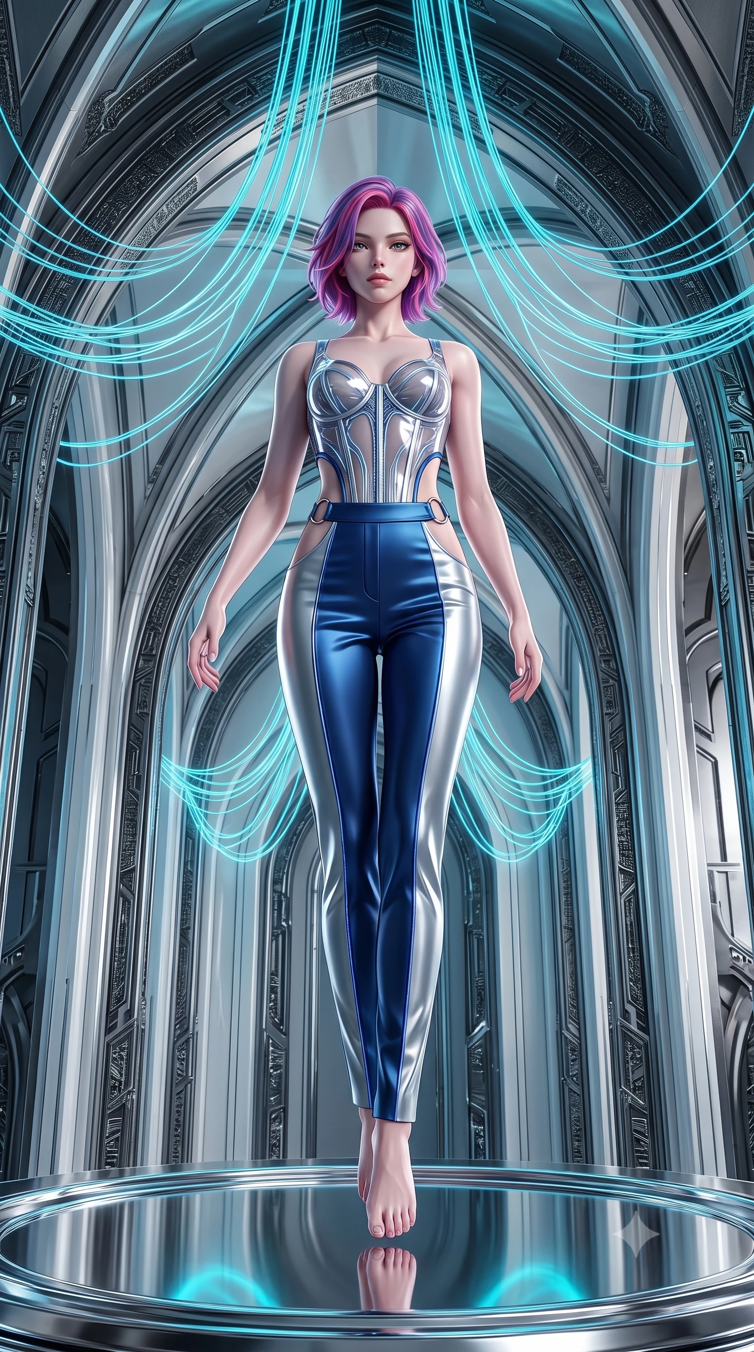 score_9, masterpiece, best quality, ultra-detailed, high-budget anime keyframe, editorial fashion photography, tasteful artistic composition, Caucasian woman. low angle full-body shot from head to toe showing her feet, filling the entire 9:16 vertical frame with her statuesque presence, stretching her vertical silhouette. performing an alluring mid-air vault with flawless poise, looking directly into the camera with regal, divine intensity while pivoting dynamically on a mirrored chrome dais beneath soaring arches as glowing cyan fiber-optic cables cascade from the vaulted ceiling. The surrounding environment is rendered in vivid detail and crisp panoramic clarity. high-contrast futuristic chiaroscuro and sacred cybernetic architecture rendered with environmental sharpness. She has an absolutely perfect, statuesque 8.5-heads proportion, an exceptionally tall and slender model-like female figure with impossibly long slender legs, a toned flat midriff, and an ultra-slim waist. sharp v-shaped jawline, high-bridge nose, intricate jewel-like eyes with depth, thick eyelashes, glossy lips with a natural sheen, flawlessly proportioned anatomical accuracy, strict slender model proportions, natural body alignment, perfectly sculpted long slender limbs, ultra-slim waistline, clean dynamic posture without body distortion. wearing a structured translucent cyber-corset paired with tailored high-fashion satin trousers that sharply cinch her ultra-slim waist in liquid platinum silver and deep sapphire blue LED filaments, tailored from semi-translucent cybernetic vinyl with glowing micro-filaments, detailed with polished silver rings connecting the daring side-waist cutouts, the liquid-tight tailored fabric emphasizing every curve of her tall, slender model proportions and sculptured silhouette during dynamic movement. illuminated by crisp white key light and sharp specular rim highlights tracing her slender curves. ultra-reflective glossy finish, specular highlights, dark metallic sheen, high-contrast stereoscopic depth, volumetric dynamic lighting, 2k, ultra detail, master piece, 9:16 ratio