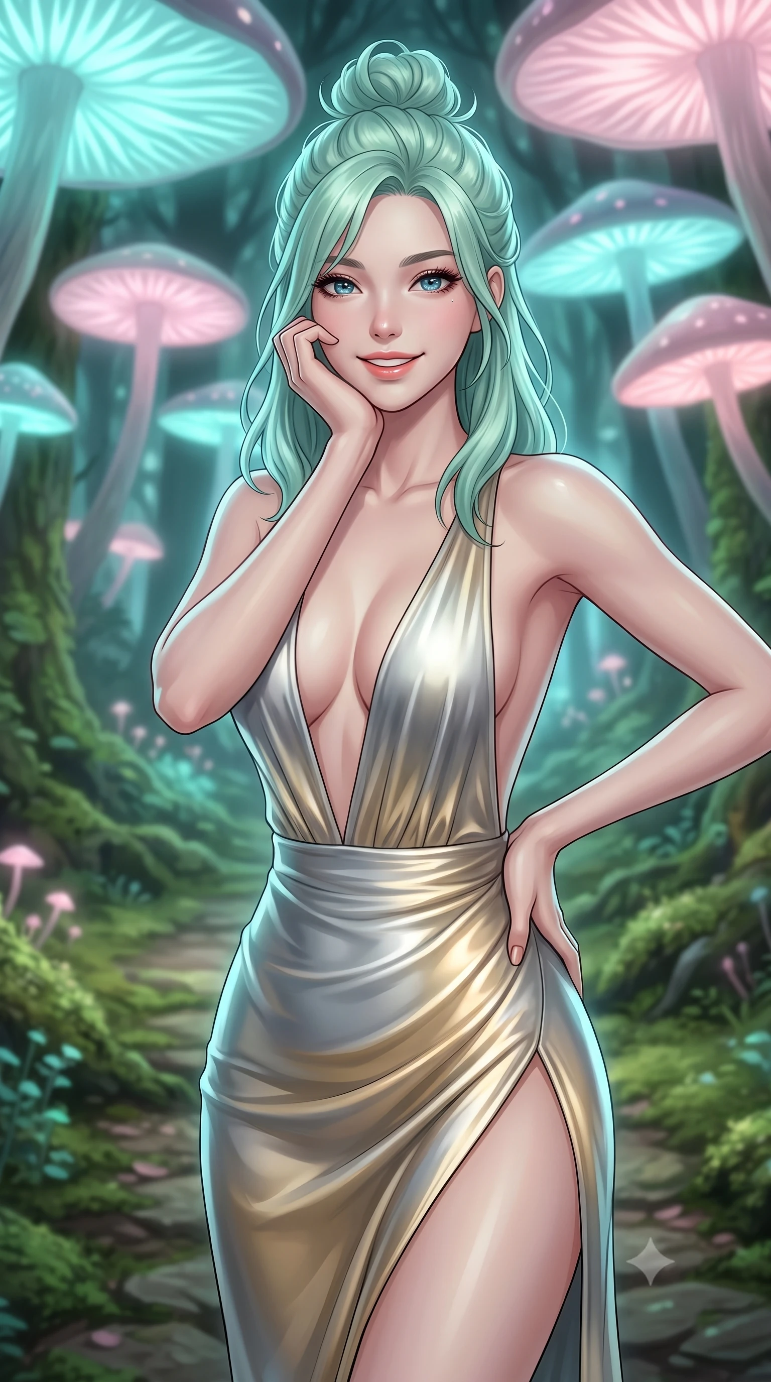score_9, masterpiece, best quality, ultra-detailed, high-budget anime keyframe, editorial fashion photography, tasteful artistic composition, Japanese woman. close-up cowboy shot from the waist and thighs up, the character dominates the composition, filling the frame with her large presence, background elements kept in soft focus. Resting her chin on her hand, smiling warmly with relaxed happiness. set against a soft-focus background of walking along a mossy path in an ancient forest under a canopy of giant bioluminescent glowing mushrooms that emit soft cyan and pink light. She has an exceptionally elegant, slender, and willowy female figure with a highly-defined ultra-slim waist, a gracefully sculpted slender torso, and a refined slim-fit silhouette that contours her form. sharp v-shaped jawline, high-bridge nose, intricate jewel-like eyes with depth, thick eyelashes, glossy lips with a natural sheen. wearing a deep plunging-V neck maxi dress in a liquid silver and gold gradient, featuring a bold open-back and a daring high slit. cool cyan and soft pink lights from the mushrooms, wrapping the forest floor in a magical glowing ambiance. 2k, ultra detail, master piece, 9:16 ratio
