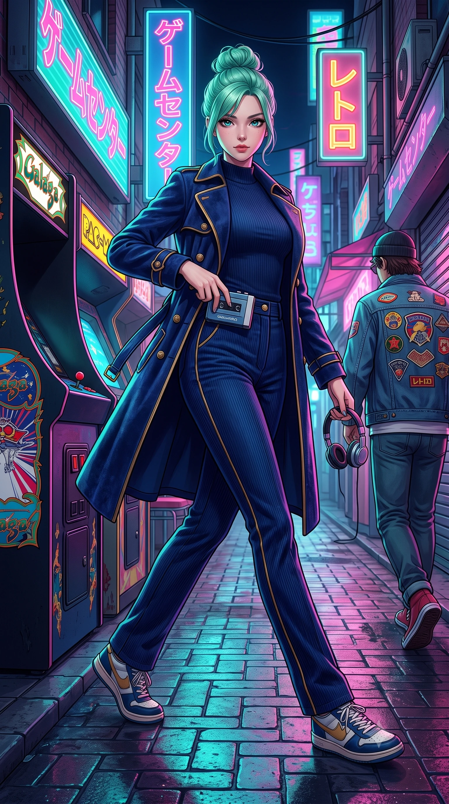 score_9, masterpiece, best quality, ultra-detailed, high-budget anime keyframe, semi-realistic 3D game render, editorial fashion photography, tasteful artistic composition, Japanese woman. low angle full-body shot from head to toe showing her feet, filling the entire 9:16 vertical frame with her statuesque presence, stretching her vertical silhouette. pivoting dynamically with supreme athletic balance and poise, her impossibly long slender legs creating a breathtaking line while stepping out of the arcade into the neon-lit alleyway, adjusting her cassette tape player with supreme retro cool. The surrounding environment is rendered in vivid detail and crisp panoramic clarity. detailed denim jacket patches, arcade cabinet side art, and floor neon reflections in high resolution. She has an absolutely perfect, statuesque 8.5-heads proportion, an exceptionally tall and slender model-like female figure with impossibly long slender legs, a toned flat midriff, and an ultra-slim waist. sharp v-shaped jawline, high-bridge nose, intricate jewel-like eyes with depth, thick eyelashes, glossy lips with a natural sheen, captivating and magnetic expression, flawlessly proportioned anatomical accuracy, strict slender model proportions, natural body alignment, perfectly sculpted long slender limbs, ultra-slim waistline, clean dynamic posture without body distortion. wearing a stylish retro suede trench coat over a fitted mock-neck knit top and high-waist tailored slacks in deep navy blue and vintage brass gold, tailored from soft fine-wale corduroy with rich velvety texture, accessorized with a vintage portable cassette Walkman clipped to her waistband, the sleek tailored cut tightly hugging her graceful clavicle, narrow waist, and feminine curves with statuesque precision. surrounded by a playful, energetic, and delightfully charming 80s arcade sweetheart aura. highly saturated vibrant anime colors, detailed shading with soft gradients, rich glossy textures, high-contrast stereoscopic depth, volumetric dynamic lighting, master piece, 9:16 ratio