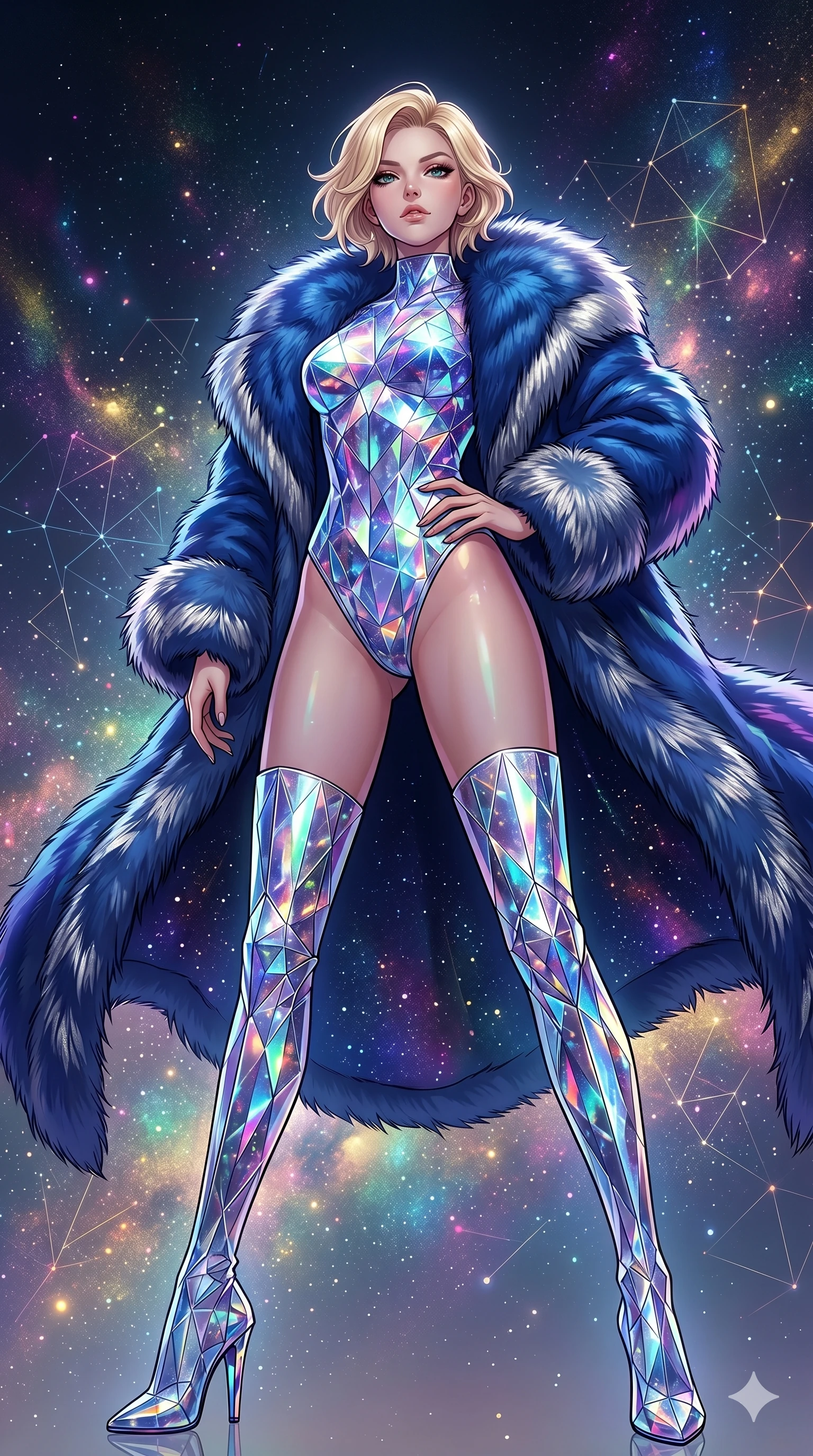score_9, masterpiece, best quality, ultra-detailed, high-budget anime movie keyframe, cinematic anime lighting, intricate line art, Caucasian (strictly human ears) woman. Low angle cowboy shot filling the entire 9:16 frame with her statuesque presence. standing victoriously in a minimalist digital void in a mist of stardust. She has an absolutely perfect 8-heads proportion, an exceptionally tall and slender female figure with an ultra-slim waist and impossibly long slender legs. sharp v-shaped jawline, high-bridge nose, intricate jewel-like eyes, thick eyelashes, glossy lips. Wearing seasonal winter-couture featuring a plush oversized faux-fur coat worn over a skin-tight crystalline leotard and thigh-high stiletto boots. The scene is illuminated by dramatic atmospheric lighting and vibrant color palettes. , 2k, ultra detail, master piece, 9:16 ratio