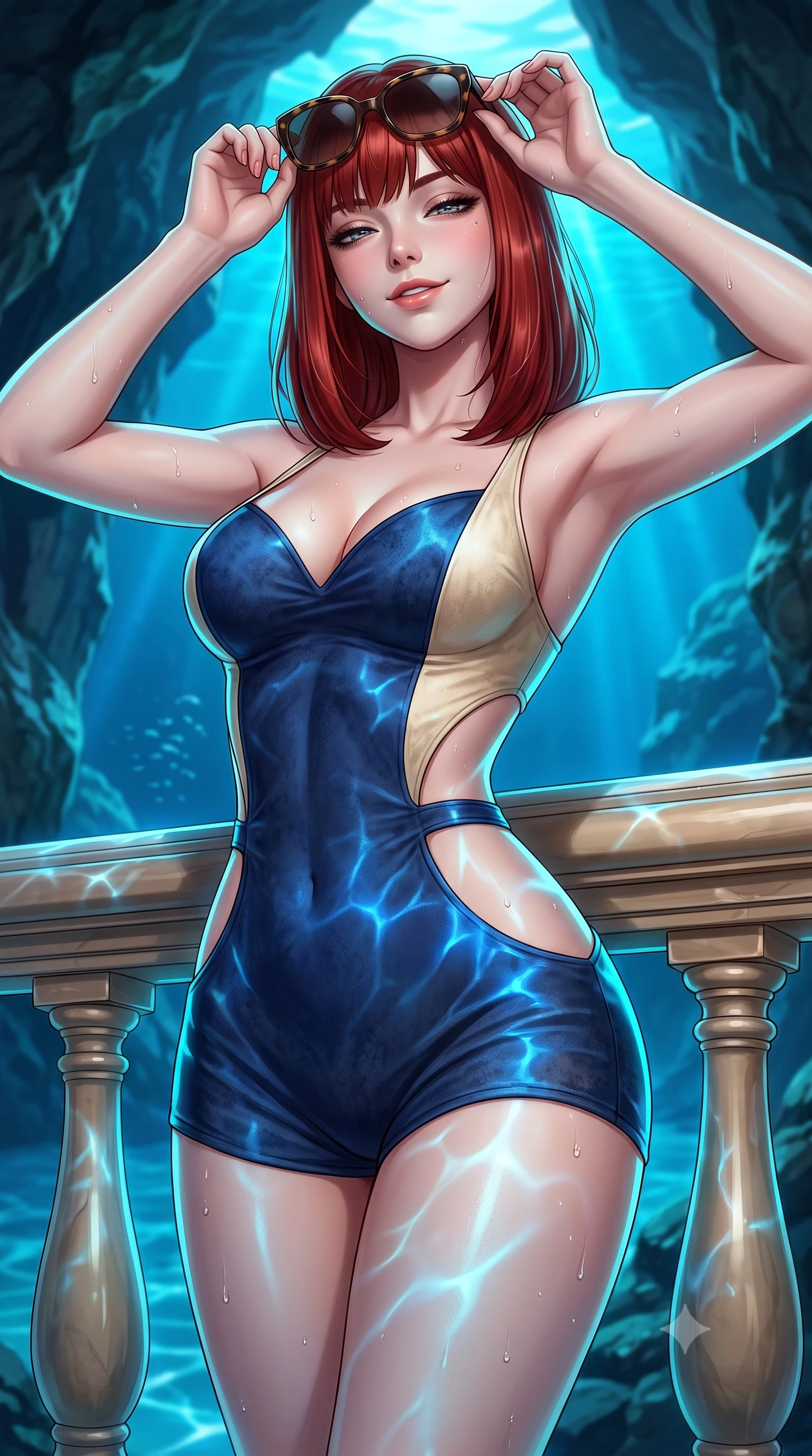 score_9, masterpiece, best quality, ultra-detailed, high-budget anime keyframe, semi-realistic 3D game render, editorial fashion photography, tasteful artistic composition, Caucasian woman. close-up cowboy shot from the waist and thighs up, the character dominates the composition, filling the frame with her large presence. leaning back against the balustrade with relaxed seductive grace, head tilted back slightly while casting a hypnotic, heavy-lidded gaze while twisting her slender torso in an alluring S-curve, electric blue underwater light caustics dancing across her flat midriff and hips. The surrounding environment is rendered in vivid detail and crisp panoramic clarity: detailed second-skin wet-look swimwear, water droplet beads on skin, and natural sea cavern geology in high resolution. She has an exceptionally elegant, slender, and willowy female figure with an ultra-slim waist, flat toned midriff, narrow ribcage, and sculpted feminine hips creating an alluring, slim hourglass silhouette without bulk. sharp v-shaped jawline, high-bridge nose, sparkling eyes with hypnotic seductive depth, thick curled eyelashes, glossy parted lips with a natural dewy peach sheen, alluring bedroom-eyes with an enchanting coquettish smile, exuding magnetic siren charisma and sophisticated glamour, flawlessly proportioned anatomical accuracy, strict slender model proportions, natural body alignment, perfectly sculpted long slender limbs, ultra-slim waistline, clean dynamic posture without body distortion. wearing a deep sweetheart-neckline buckskin bodycon romper with side-hip cutouts accentuating her hourglass curves in French Riviera navy blue and warm champagne ivory, tailored from ultra-soft distressed suede with velvety hand-feel and rich shadow depth, complemented by oversized designer tortoiseshell sunglasses resting atop her head, the liquid-tight tailored fabric clinging flawlessly to her narrow waist and rounded feminine hips, emphasizing every millimeter of her sculpted slim hourglass curves without any bulky heaviness. illuminated by aquatic caustic reflections and sharp electric-cyan rim lights sculpting her jawline, ultra-slim waist, and curvy hips. highly saturated vibrant anime colors, detailed shading with soft gradients, rich glossy textures, high-contrast stereoscopic depth, volumetric dynamic lighting, master piece, 9:16 ratio
