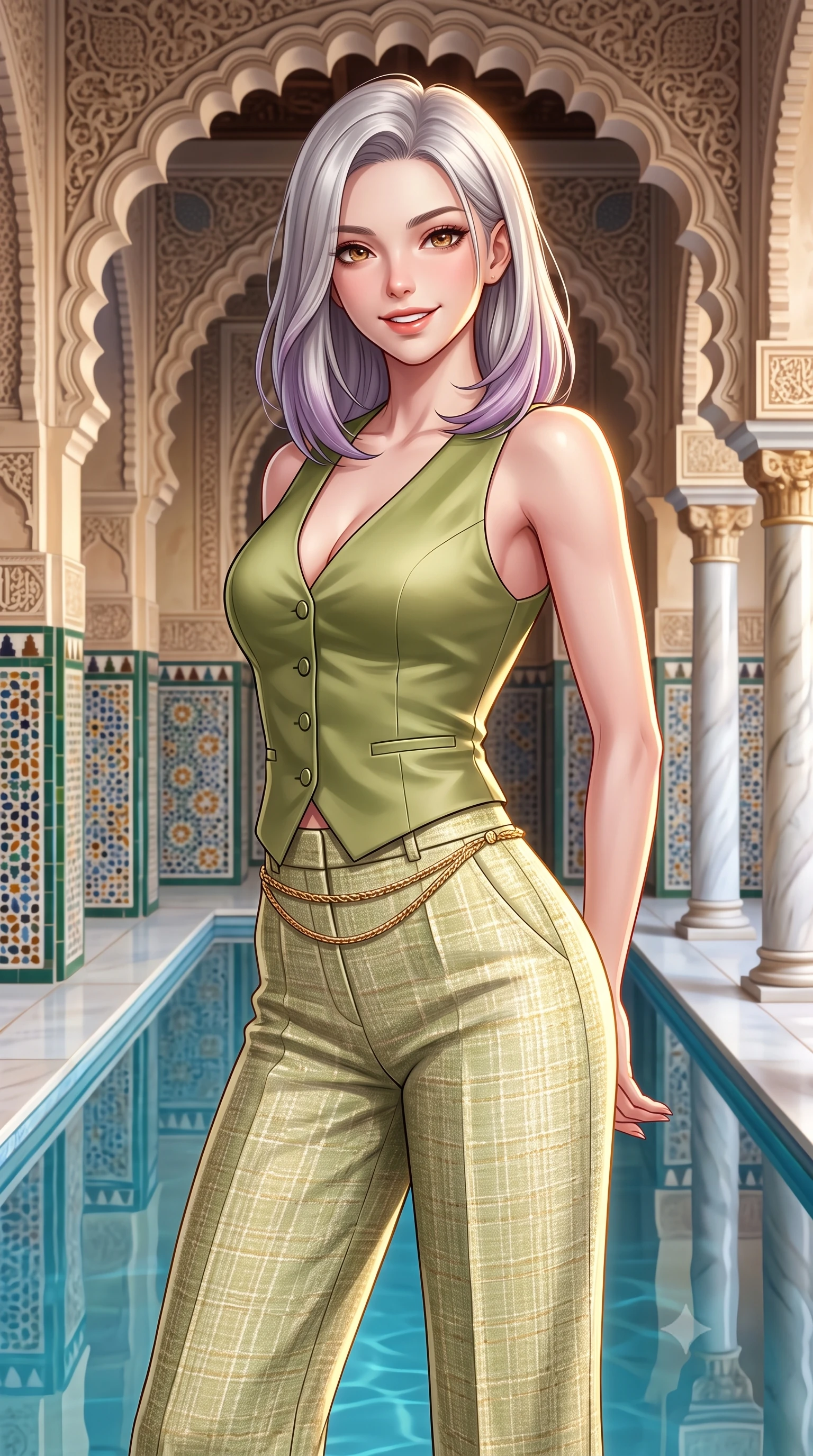 score_9, masterpiece, best quality, ultra-detailed, high-budget anime keyframe, semi-realistic 3D game render, editorial fashion photography, tasteful artistic composition, Caucasian woman. close-up cowboy shot from the waist and thighs up, the character dominates the composition, filling the frame with her large presence. resting both hands lightly behind her back while leaning toward the lens with a cheerful, teasing grin, her form-fitting outfit hugging her narrow waist and feminine hip curve while standing poised between the scalloped plaster arches beside the long central reflection pool, arching her spine with dancer-like elegance. The surrounding environment is rendered in vivid detail and crisp panoramic clarity. sharp glazed ceramic tile geometric reliefs, carved plaster lace textures, and smooth marble column gleam in deep focus. She has an exceptionally elegant, slender, and willowy female figure with an ultra-slim waist, flat toned midriff, narrow ribcage, and sculpted feminine hips creating an alluring, slim hourglass silhouette without bulk. sharp v-shaped jawline, high-bridge nose, sparkling amber-hazel eyes with depth, long lush eyelashes, glossy sun-kissed lips with a warm coral glaze, radiant teasing smile with sensual sunlit bedroom-eyes, exuding effortless old-money elegance and intoxicating sun-drenched allure, flawlessly proportioned anatomical accuracy, strict slender model proportions, natural body alignment, perfectly sculpted long slender limbs, ultra-slim waistline, clean dynamic posture without body distortion. wearing a tailored satin resort vest worn closed against bare skin with high-waisted silk palazzo pants cinched at her narrow waist in matcha olive green and warm vanilla cream, tailored from soft pastel resort tweed with subtle gold thread shimmer, finished with a delicate gold snake chain belt resting loosely on her curvy hips, the glove-like silhouette tightly following the natural contour of her hips and long slender legs with youthful 8.5-heads elegance. illuminated by water channel reflection fill and sharp warm-gold rim lighting defining her razor-sharp jawline, narrow waist, and curvy hips. highly saturated vibrant anime colors, detailed shading with soft gradients, rich glossy textures, high-contrast stereoscopic depth, volumetric dynamic lighting, master piece, 9:16 ratio