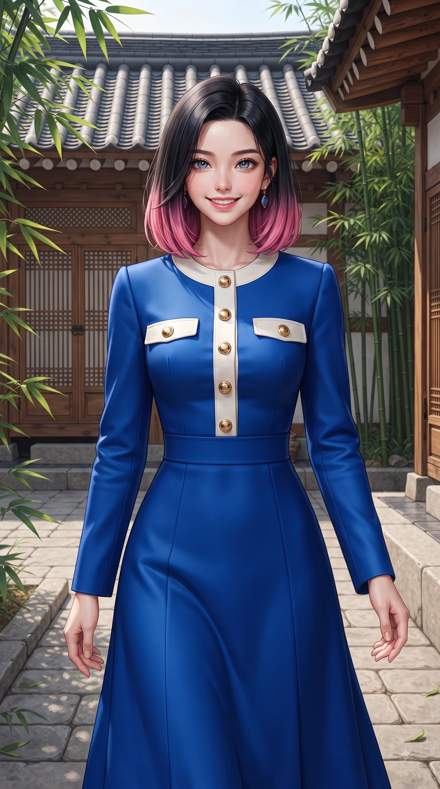 score_9, masterpiece, best quality, ultra-detailed, high-budget anime keyframe, editorial fashion photography, tasteful artistic composition, Korean woman. close-up cowboy shot from the waist and thighs up, the character dominates the composition, filling the frame with her large presence. Youthful cheerful smile exuding cute playful charm and radiant sparkle in her eyes while walking along a stone courtyard path as green bamboo leaves rustle gently around her. The surrounding environment is rendered in vivid detail and crisp panoramic clarity. traditional Hanok clay roof tiles, intricate wooden lattice doors, and green bamboo stalks in crisp clarity. She has an exceptionally elegant, slender, and willowy female figure with an ultra-slim waist, a gracefully sculpted slender torso, and a refined silhouette. sharp v-shaped jawline, high-bridge nose, intricate jewel-like eyes with depth, thick eyelashes, glossy lips with a natural sheen, flawlessly proportioned anatomical accuracy, natural body alignment, perfectly sculpted elegant limbs, clean dynamic posture without body distortion. wearing a vivid sapphire blue satin midi dress following her statuesque figure in electric azure blue and cloud white, tailored from structured wool crepe with clean lines, finished with gold metallic hardware buttons along the front, the chic fashion cut framing her graceful clavicle and slender torso. surrounded by a serene, elegant, and heritage fashion editorial aura. ultra-reflective glossy finish, specular highlights, metallic sheen, high-contrast stereoscopic depth, volumetric dynamic lighting, 2k, ultra detail, master piece, 9:16 ratio