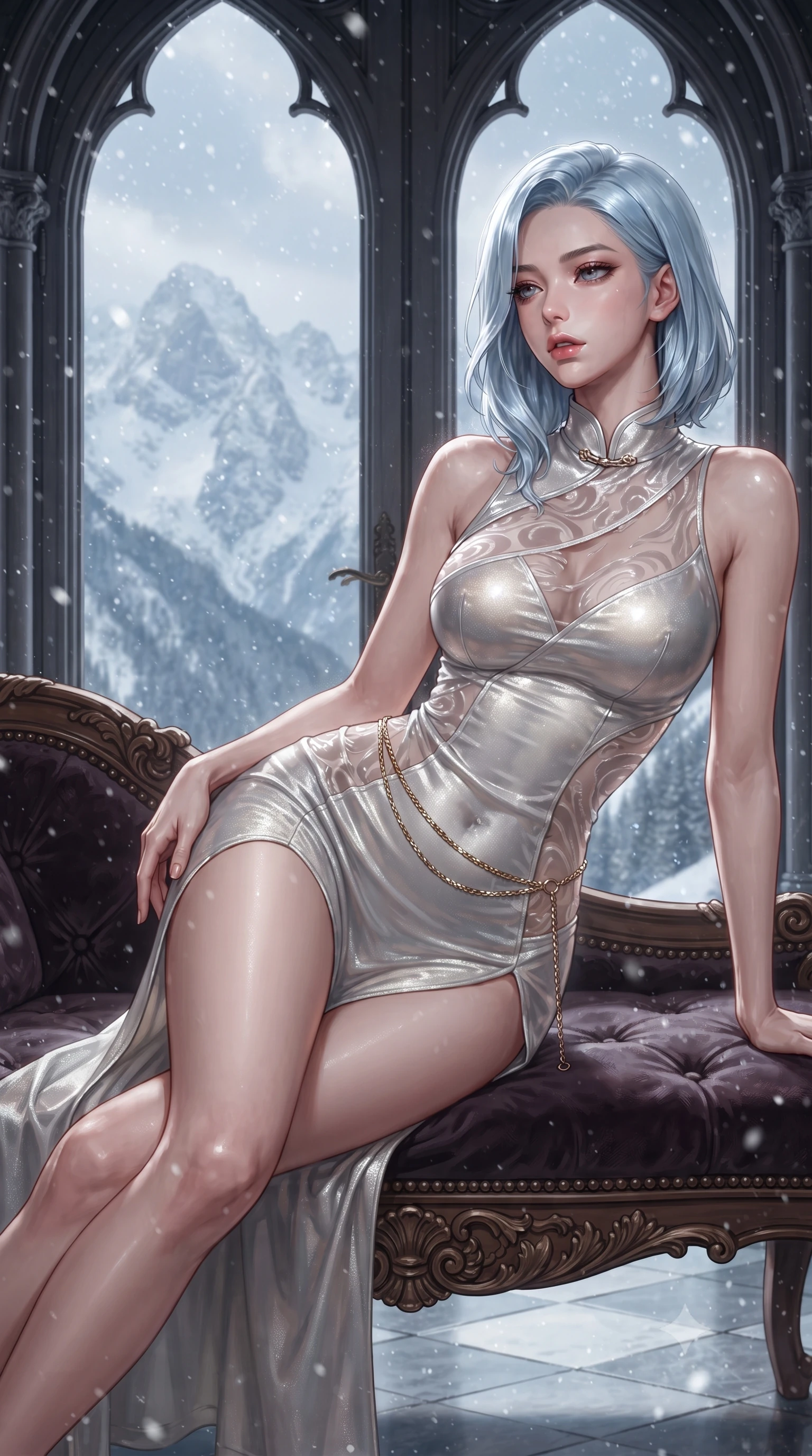 score_9, masterpiece, best quality, ultra-detailed, high-budget anime keyframe, editorial fashion photography, tasteful artistic composition, Korean woman. close-up cowboy shot from the waist and thighs up, the character dominates the composition, filling the frame with her large presence. twisting her slender torso in a deep contrapposto stance, hips dramatically shifted to accentuate her feminine curves while looking past her shoulder with smoldering bedroom-eyes while reclining on a velvet-lined carved bench beside tall gothic arched doors, her long slender legs and narrow waist highlighted against the snowy panorama. The surrounding environment is rendered in vivid detail and crisp panoramic clarity. detailed velvet gown weave, snow flurries in air, and Bavarian mountain ridges in high clarity. She has an exceptionally elegant, slender, and willowy female figure with an ultra-slim waist, flat toned midriff, narrow ribcage, and sculpted feminine hips creating an alluring, slim hourglass silhouette without bulk. sharp v-shaped jawline, high-bridge nose, intricate jewel-like eyes with depth, thick eyelashes, glossy parted lips with a natural sheen, intensely captivating and seductive bedroom-eyes expression, flawlessly proportioned anatomical accuracy, strict slender model proportions, natural body alignment, perfectly sculpted long slender limbs, ultra-slim waistline, clean dynamic posture without body distortion. wearing a wet-look silk fusion wrap dress with asymmetrical sheer mesh cutouts and high Mandarin collar in shimmering silver mercury and pearl white, made of sheer contouring power-mesh with velvet flocking patterns, accented with a delicate gold chain belt resting loosely on her curvy hips, the liquid-tight tailored fabric clinging flawlessly to her narrow waist and rounded feminine hips, emphasizing every millimeter of her sculpted slim hourglass curves without any bulky heaviness. illuminated by sparkling snow specular reflections sculpting her razor-sharp jawline, narrow waist, and curvy hips. ultra-reflective glossy finish, specular highlights, rich textural contrasts, high-contrast stereoscopic depth, volumetric dynamic lighting, 2k, ultra detail, master piece, 9:16 ratio