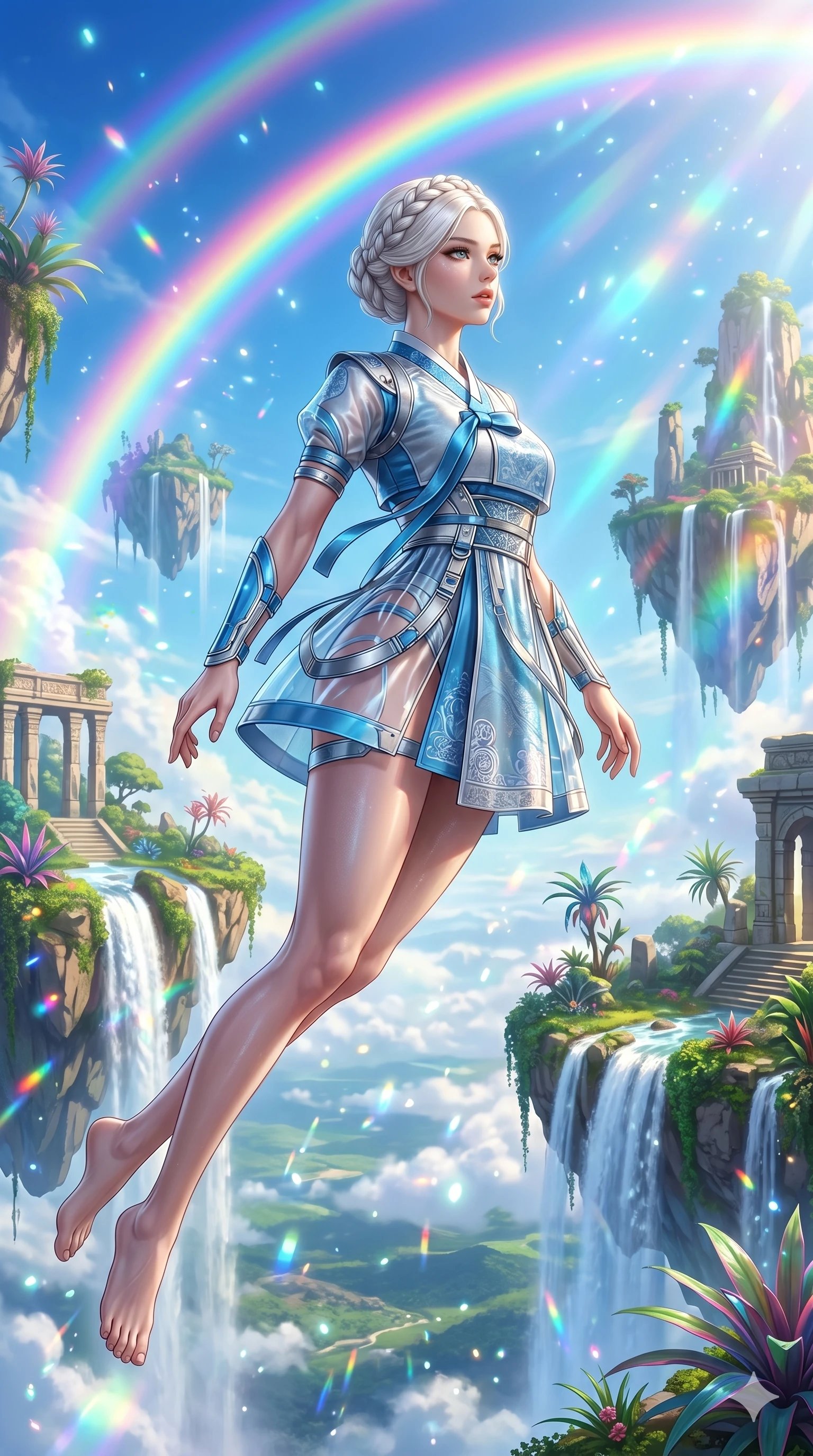 score_9, masterpiece, best quality, ultra-detailed, Set A: Photorealistic 8k CG, Japanese woman. Low angle cowboy shot filling the entire 9:16 frame with her statuesque presence. Gracefully falling through a sky of floating islands and waterfalls under a vibrant double rainbow. She has an absolutely perfect 8-heads proportion, an exceptionally tall and slender female figure with elegant long slender legs and an slender waist. Sharp v-shaped jawline, high-bridge nose, intricate jewel-like eyes with depth, thick eyelashes, glossy lips. Wearing a Modern Traditional outfit: shortened cyber-hanbok with transparent panels and metallic straps. Background is a bright and colorful sky with lush floating gardens and prismatic light effects. 2k, ultra detail, master piece, 9:16 ratio