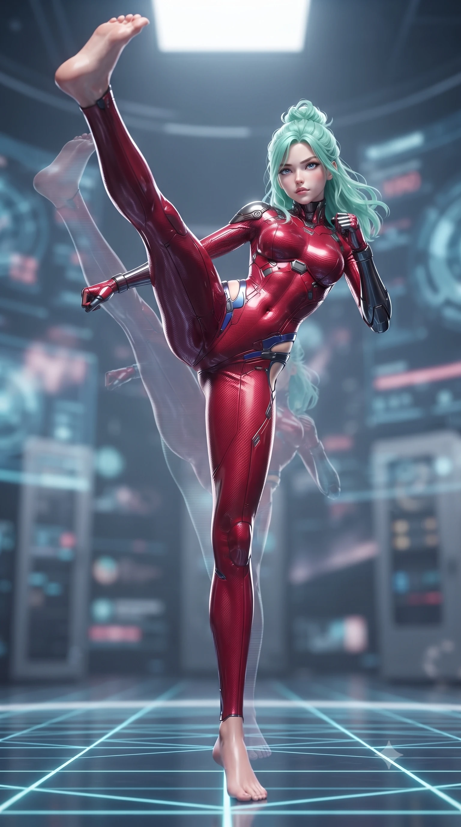 score_9, masterpiece, best quality, ultra-detailed, high-budget anime keyframe, editorial fashion photography, tasteful artistic composition, Japanese woman. low angle full-body shot from head to toe showing her feet, filling the entire 9:16 vertical frame with her statuesque presence, stretching her vertical silhouette. executing a breathtaking zero-gravity high-kick with full 180-degree vertical extension, her impossibly long slender legs dominating the frame with razor-sharp poise while shifting at supersonic speed across a glowing quantum grid floor, leaving translucent holographic after-images in her wake. The composition keeps background elements in soft focus with creamy bokeh. supercomputer processor towers and holographic interface walls softened in dreamy atmospheric depth. She has an absolutely perfect, statuesque 8.5-heads proportion, an exceptionally tall and slender model-like female figure with impossibly long slender legs, a toned flat midriff, and an ultra-slim waist. sharp v-shaped jawline, high-bridge nose, intricate jewel-like eyes with depth, thick eyelashes, glossy lips with a natural sheen, flawlessly proportioned anatomical accuracy, strict slender model proportions, natural body alignment, perfectly sculpted long slender limbs, ultra-slim waistline, clean dynamic posture without body distortion. wearing a skin-tight crimson carbon-weave battle-suit with metallic dark chrome elbow dampers and hip-accentuating cutouts in electric cobalt blue carbon with polished platinum trim, made of liquid carbon-jersey fabric adhering flawlessly to her sculpted silhouette, featuring a sleek aerodynamic collar framed by subtle glowing cybernetic status LEDs, the glove-like aerodynamic second-skin fit tightly clinging to her ultra-slender waist and athletic curves without adding bulk, accentuating her razor-sharp statuesque lines and slim hourglass silhouette. illuminated by sharp specular highlights tracing her ultra-slim waist, long legs, and sculpted collarbones. ultra-reflective glossy finish, specular highlights, dark metallic sheen, high-contrast stereoscopic depth, volumetric dynamic lighting, 2k, ultra detail, master piece, 9:16 ratio