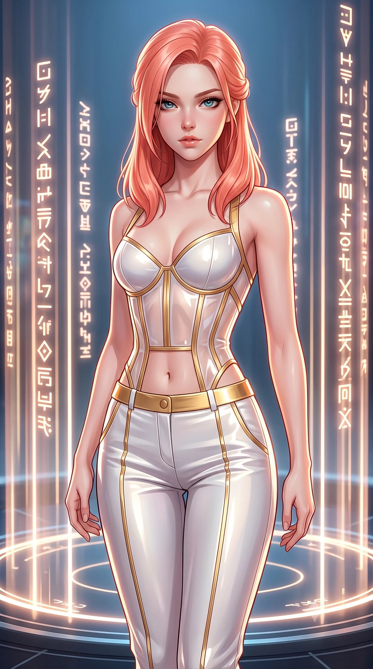 score_9, masterpiece, best quality, ultra-detailed, high-budget anime keyframe, semi-realistic 3D game render, editorial fashion photography, tasteful artistic composition, Japanese woman. close-up cowboy shot from the waist and thighs up, the character dominates the composition, filling the frame with her large presence. looking into the camera lens with intense, captivating depth, softly parted glossy lips and thick eyelashes framing her ethereal gaze while pausing at the center of a circular laser nexus as vertical light pillars project glowing cybernetic glyphs around her. The surrounding environment is rendered in vivid detail and crisp panoramic clarity. high-contrast minimalist chiaroscuro and cutting-edge cybernetic precision rendered with sharpness. She has an exceptionally elegant, slender, and willowy female figure with an ultra-slim waist, a gracefully sculpted slender torso, toned flat midriff, and a refined slim silhouette. sharp v-shaped jawline, high-bridge nose, intricate jewel-like eyes with depth, thick eyelashes, glossy lips with a natural sheen, flawlessly proportioned anatomical accuracy, strict slender model proportions, natural body alignment, perfectly sculpted long slender limbs, ultra-slim waistline, clean dynamic posture without body distortion. wearing a structured translucent cyber-corset paired with tailored high-fashion satin trousers that sharply cinch her ultra-slim waist in pristine liquid pearl white and radiant solar gold trim, formed from high-gloss patent material with specular chiaroscuro reflections, complemented by criss-cross back straps highlighting her completely bare spine, the sleek second-skin cut tightly hugging her graceful clavicle, narrow waist, and feminine curves with athletic precision. illuminated by crisp directional key light with sharp specular highlights tracing her slender curves. rich saturated anime colors with glowing neon highlights, detailed shading with soft gradients, rich glossy textures, high-contrast stereoscopic depth, volumetric dynamic lighting, master piece, 9:16 ratio